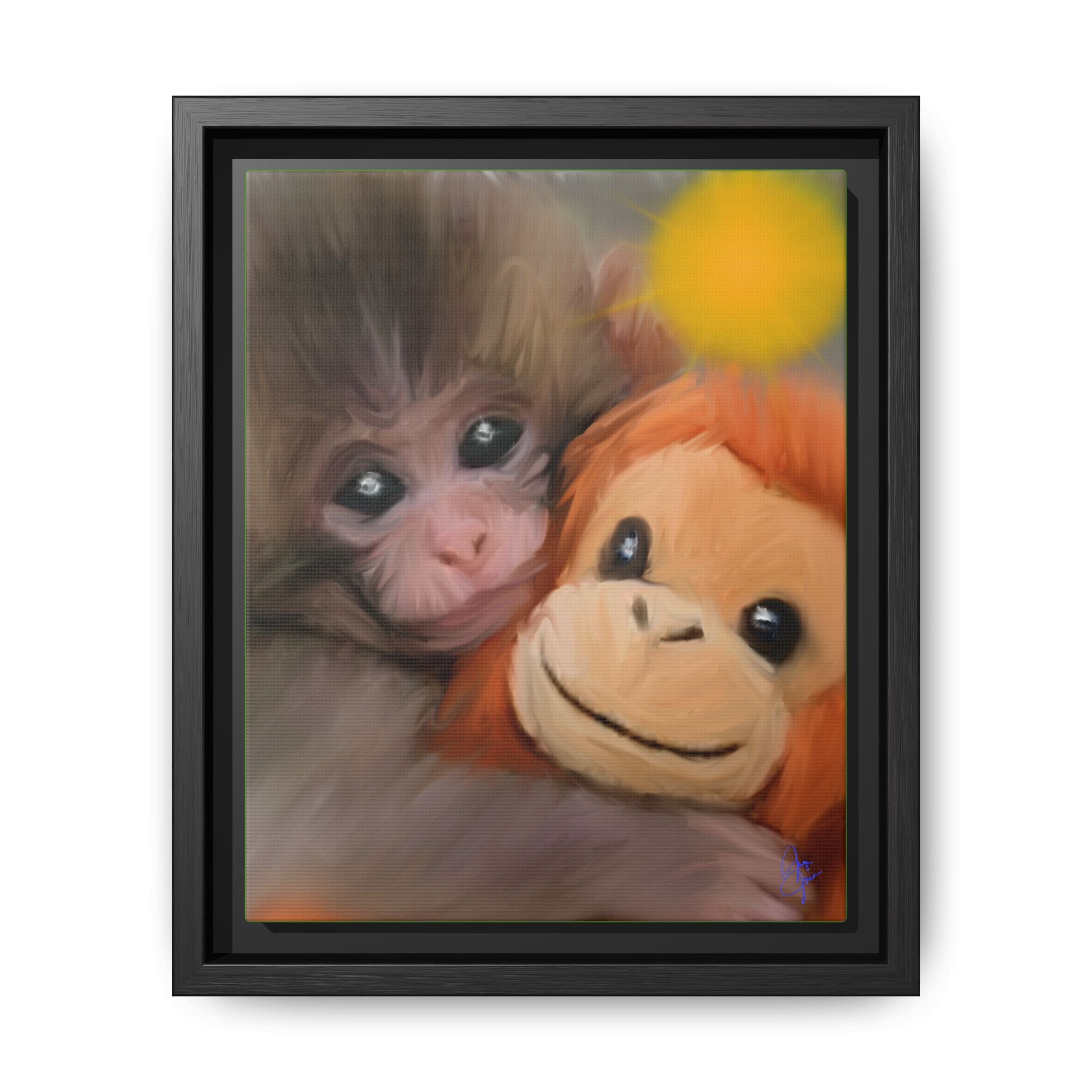 Framed Matte Canvas Print — Baby Monkey & Plush Orangutan Wall Art