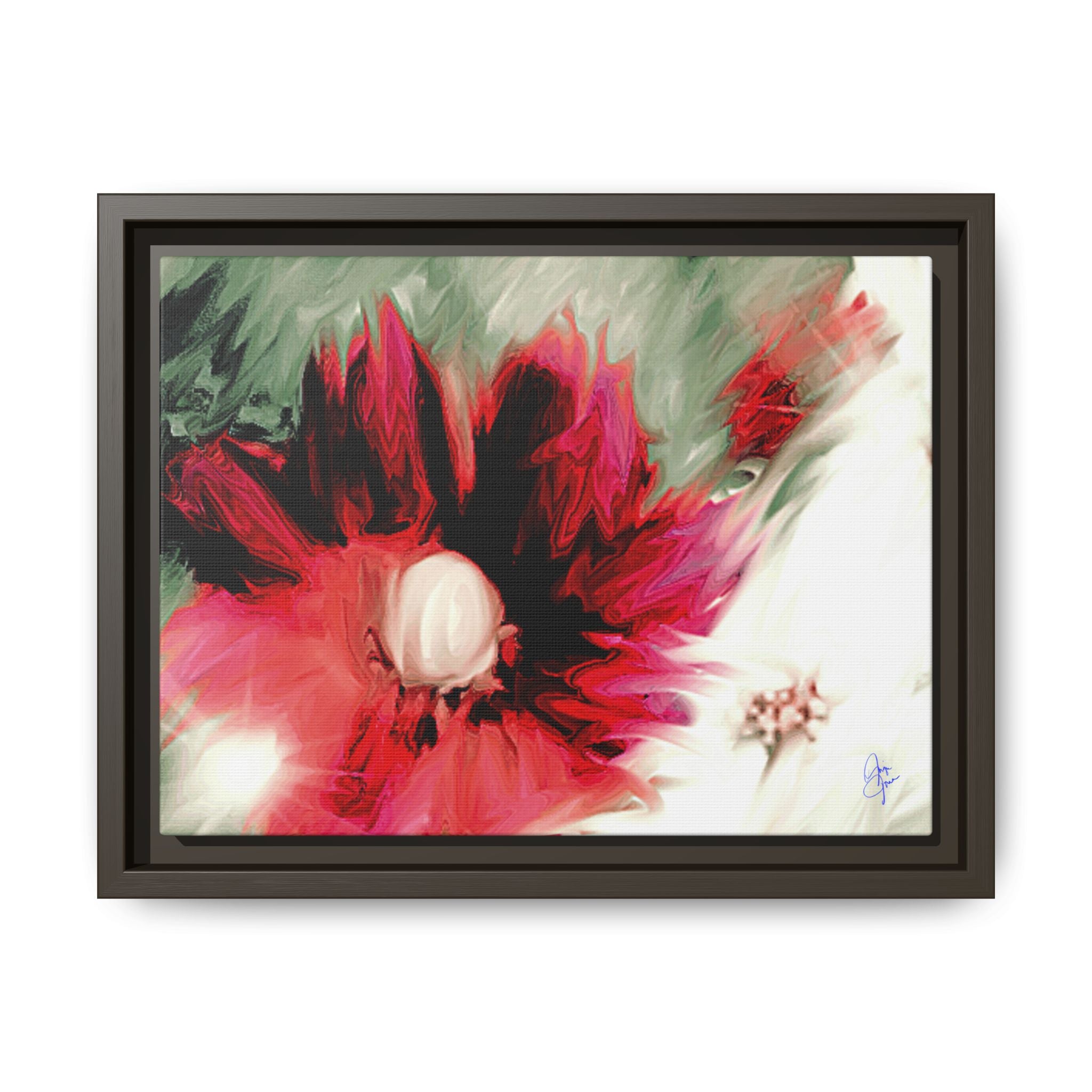 Framed Matte Canvas Print — Blurred Red & White Floral Art