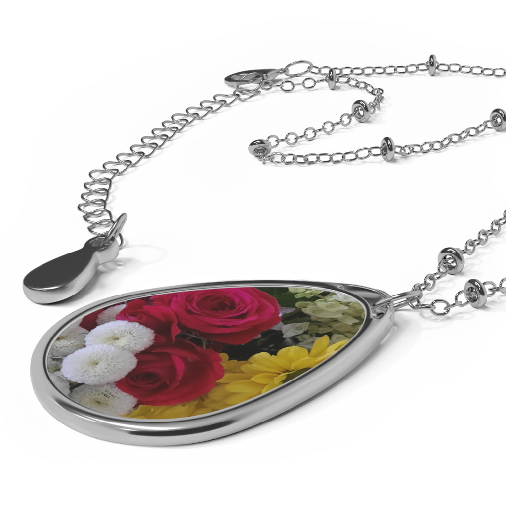 Floral Oval Photo Pendant Necklace — Personalized Picture Teardrop Locket