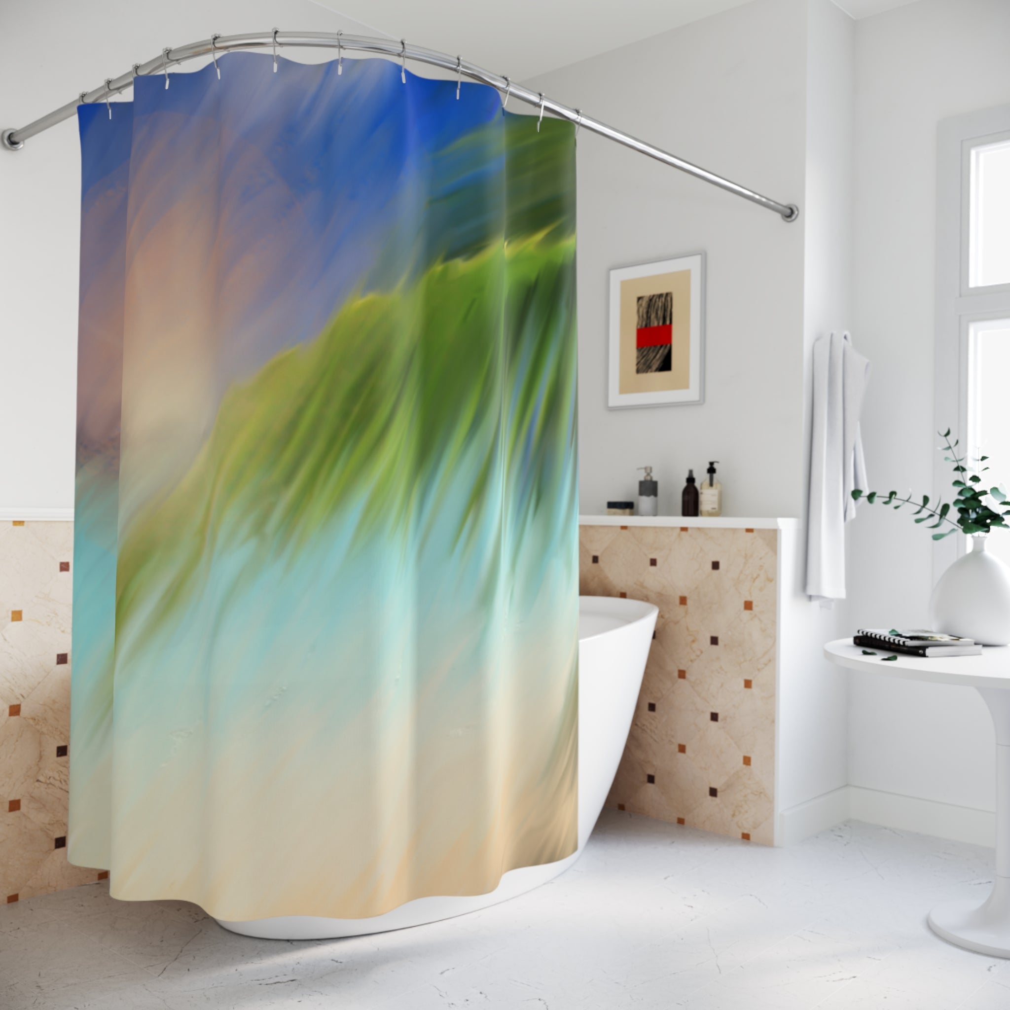 Shower Curtain — Abstract Ocean Wave Art, Soothing Blue & Green Bath Decor