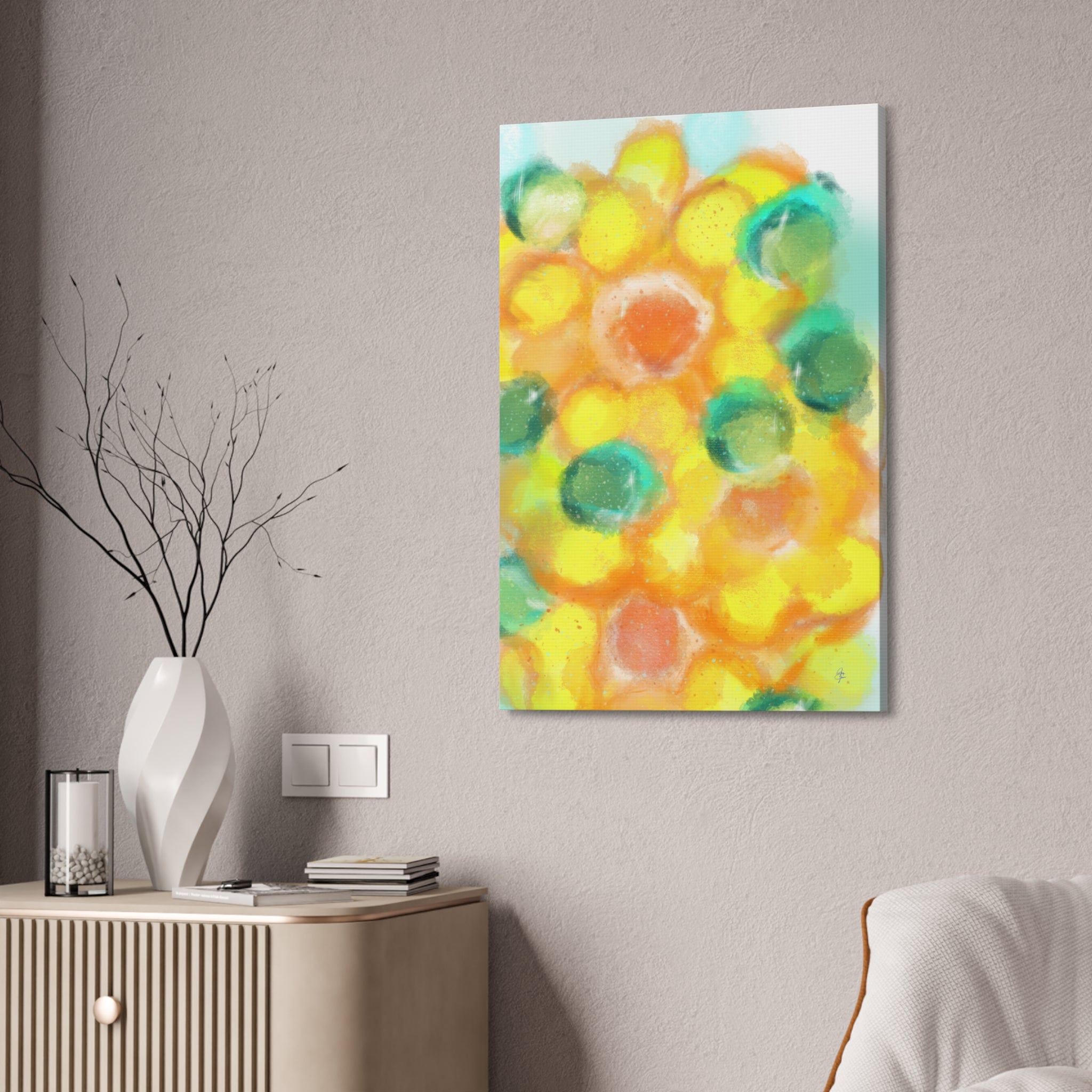 Abstract Sunshine Circles Canvas Art – Vibrant Yellow & Teal Stretched Wall Decor