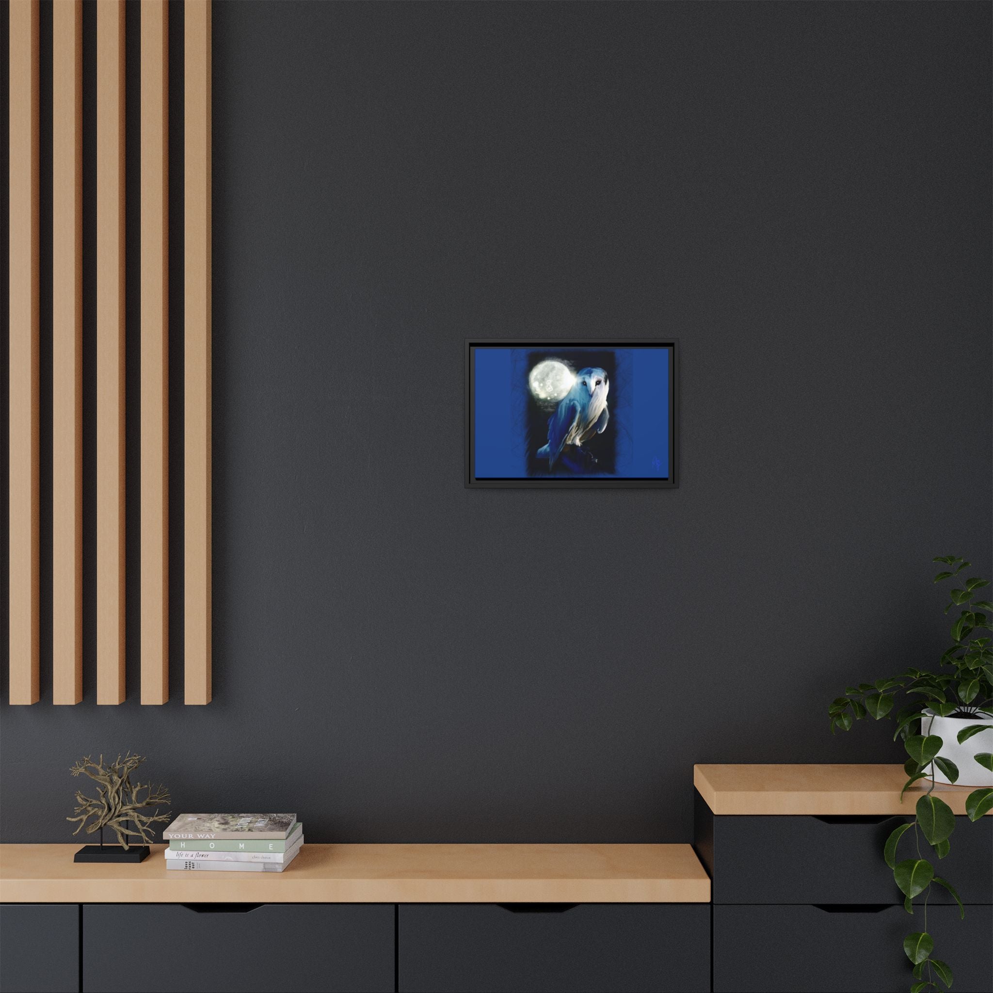 Moonlight Owl Matte Framed Canvas — Mystical Blue Owl Wall Art