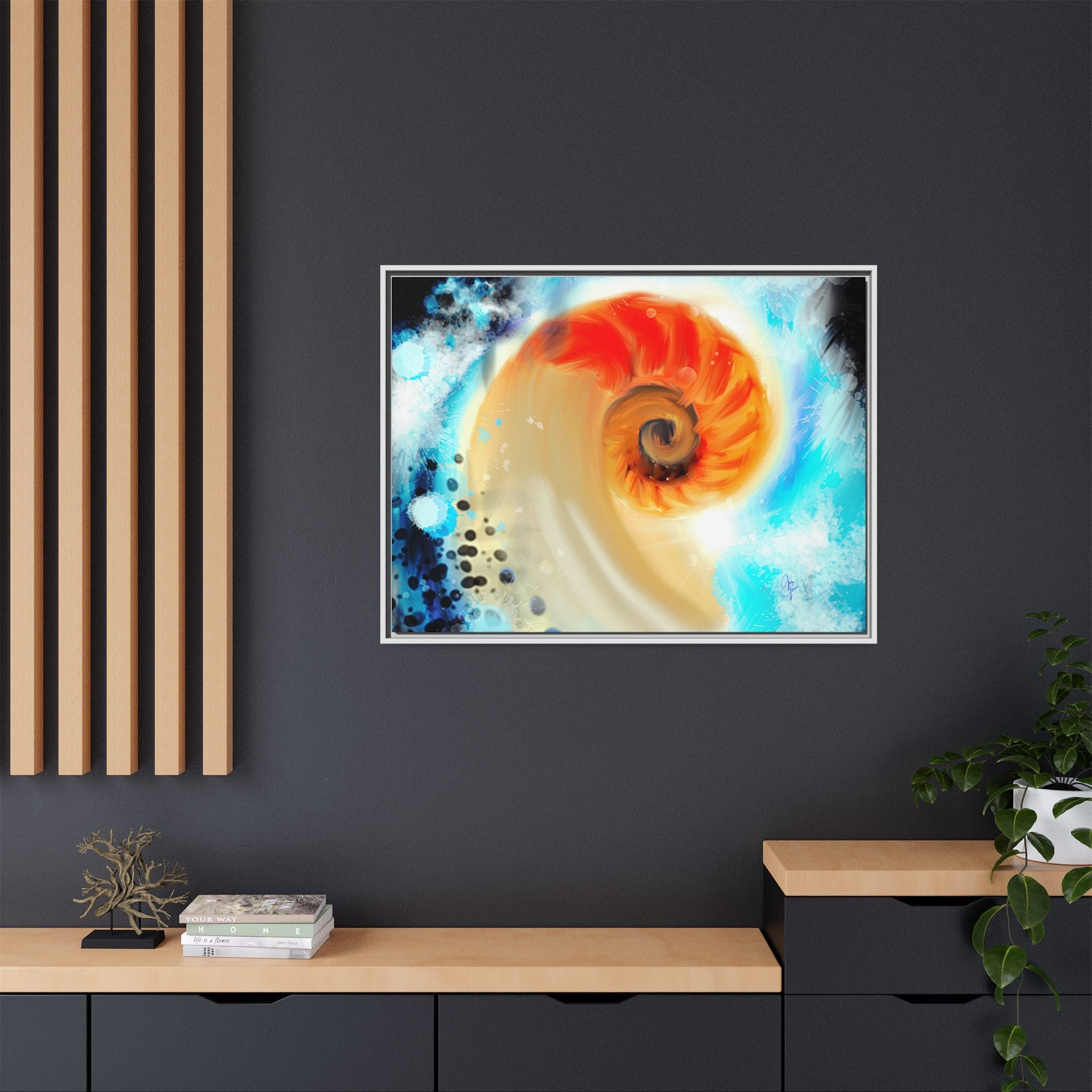 Framed Abstract Spiral Canvas Art — Vibrant Nautical Wave Print