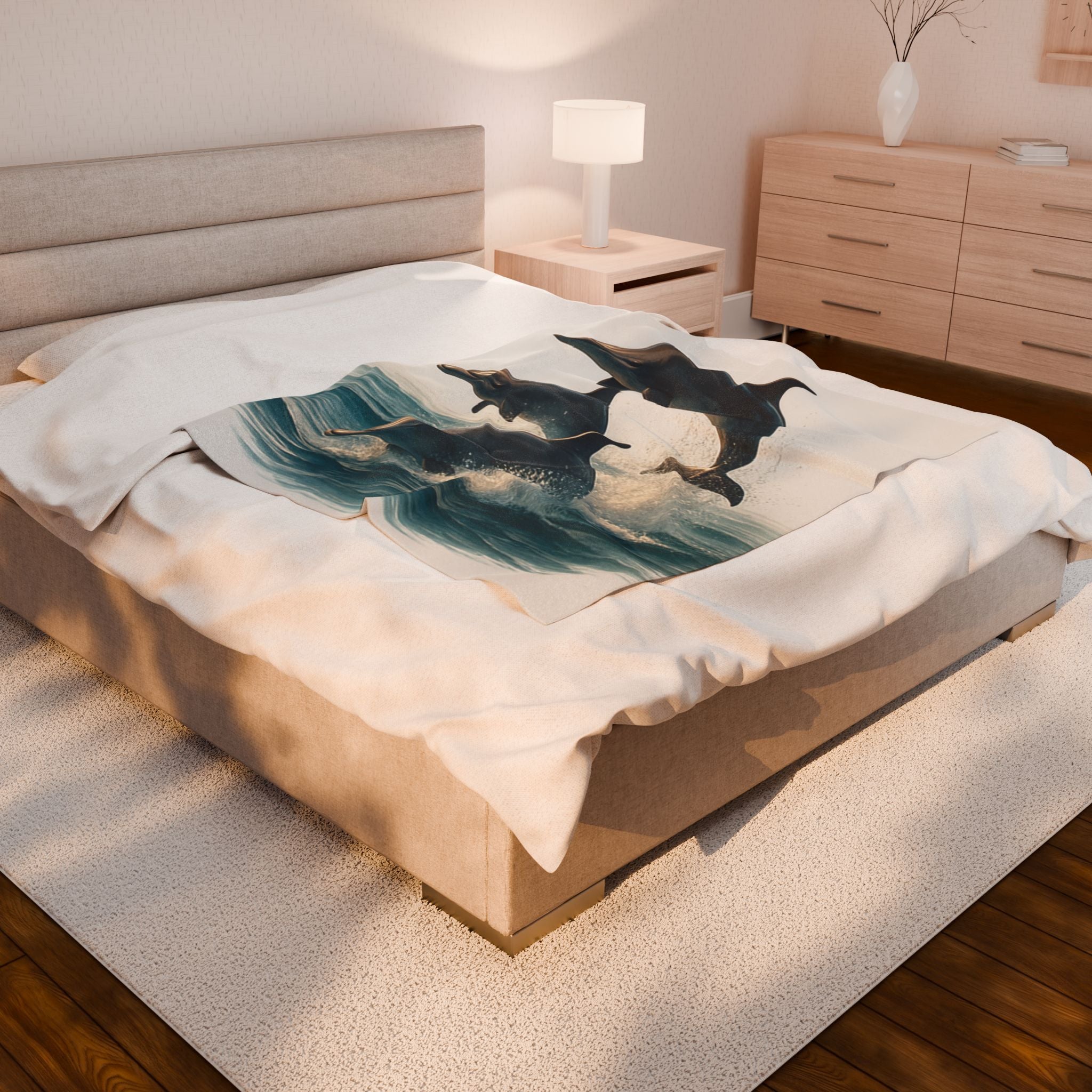 Dolphin Velveteen Plush Blanket — Soft Ocean Jumping Dolphins Throw