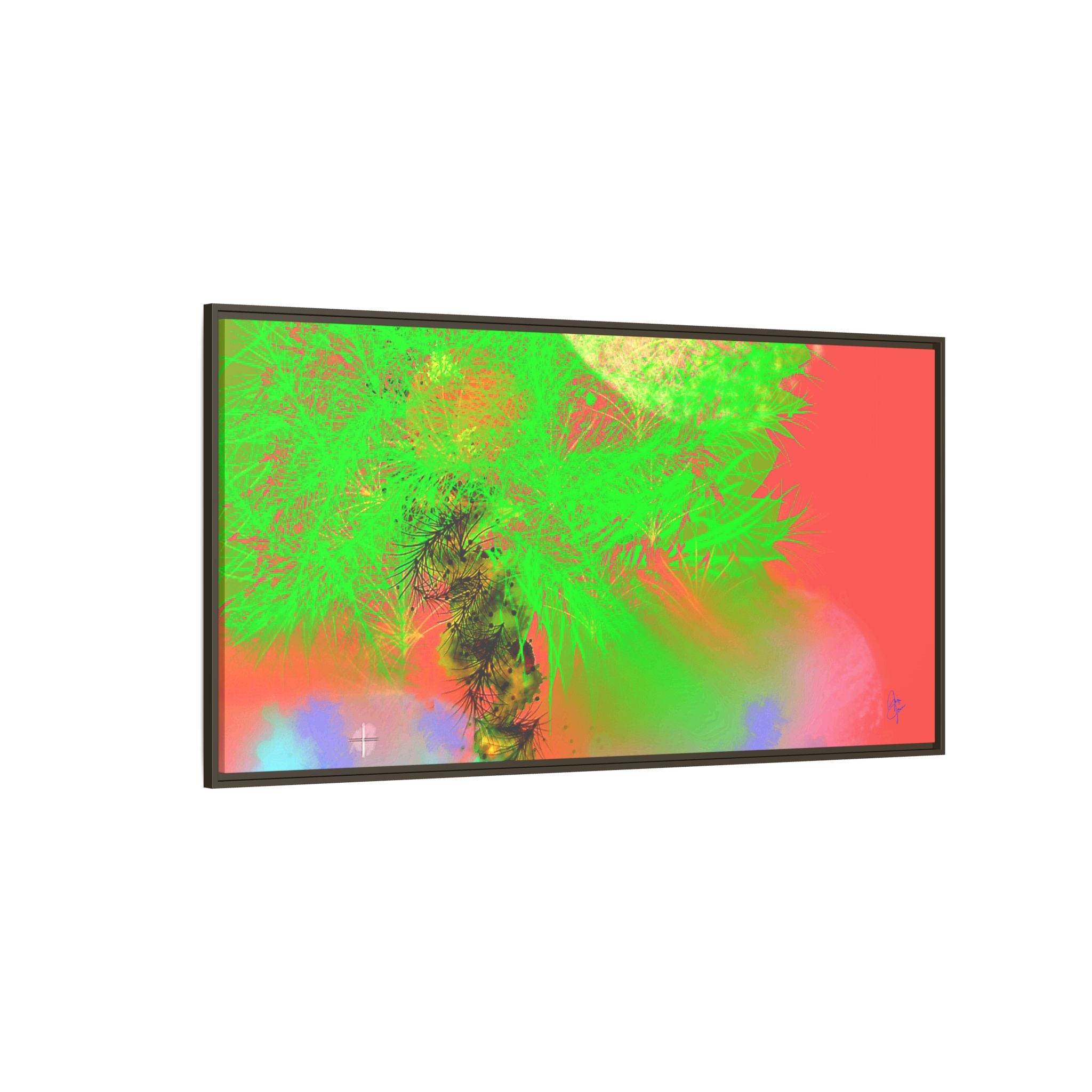 Abstract Neon Tree Matte Canvas Framed Art — Vibrant Green Moon Landscape