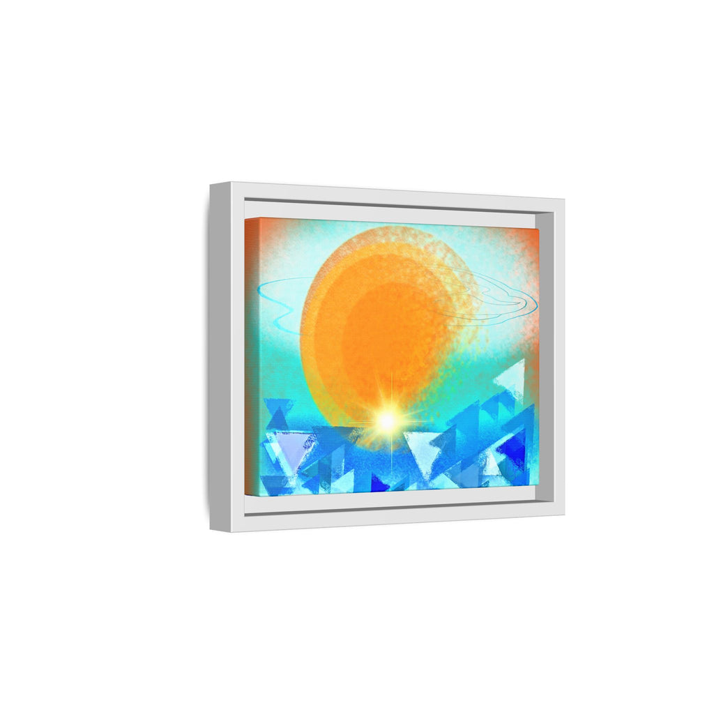 Abstract Sunrise Framed Canvas Art – Orange Sun Over Blue Geometric Waves