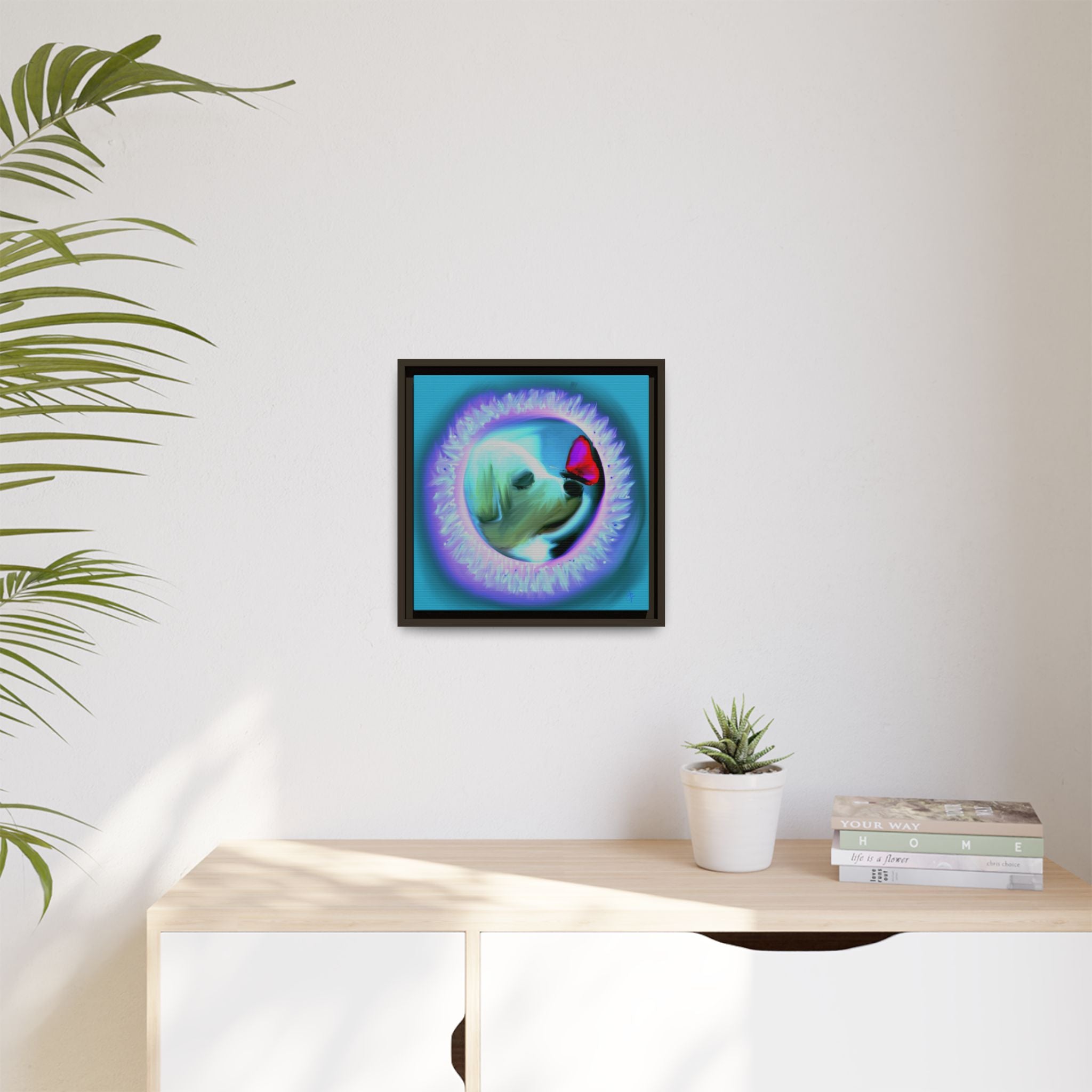 Framed Matte Canvas - Puppy with Butterfly Pop Art