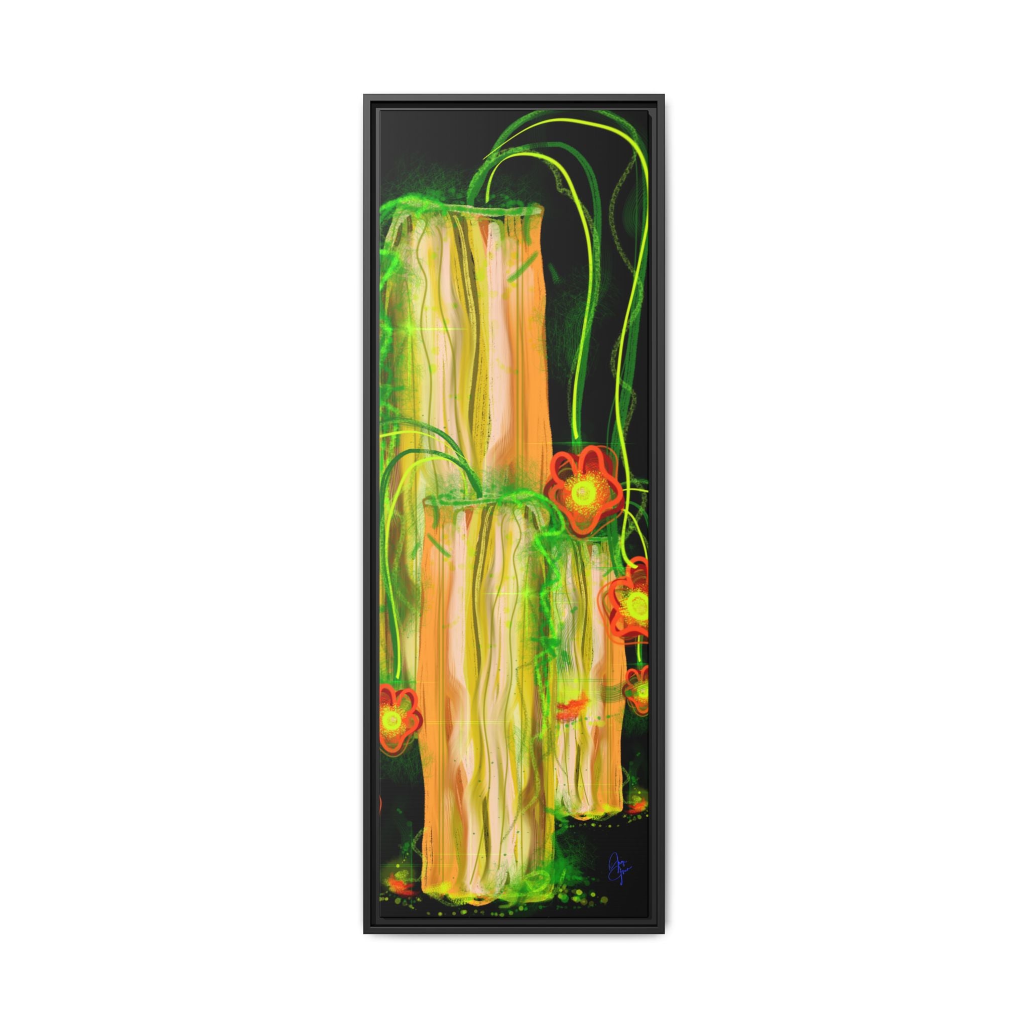 Framed Matte Canvas Print — Neon Floral Candlelight Art