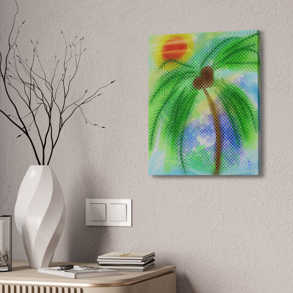 Tropical Palm Canvas Print – Heart Coconut Sunset Wall Art, Stretched 1.5"