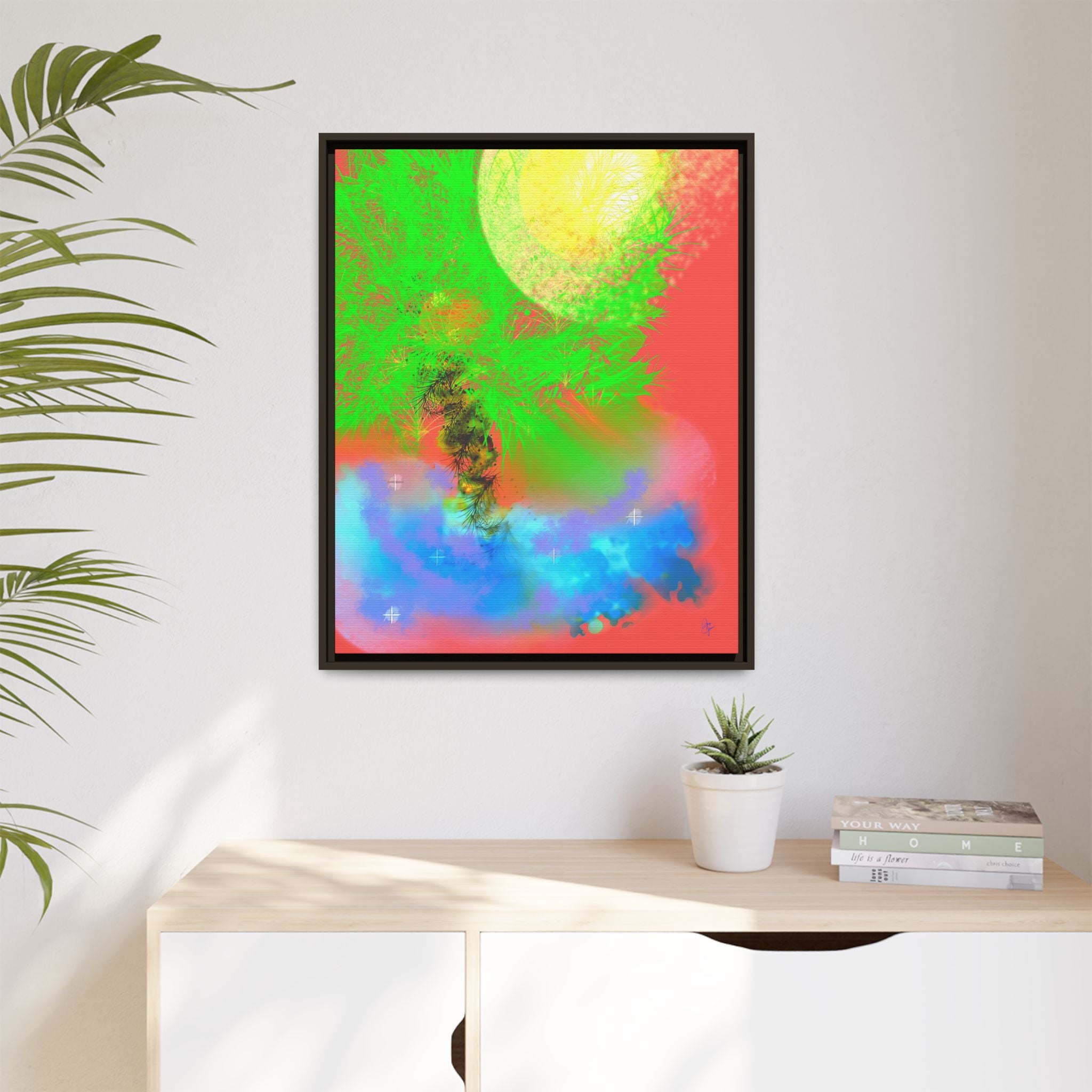 Abstract Neon Tree Matte Canvas Framed Art — Vibrant Green Moon Landscape