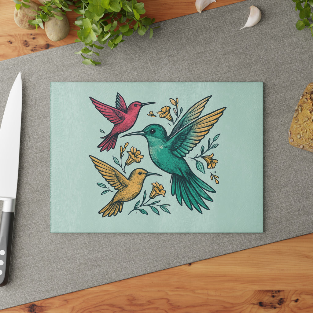 Hummingbird Floral Glass Cutting Board — Decorative Kitchen Prep Board