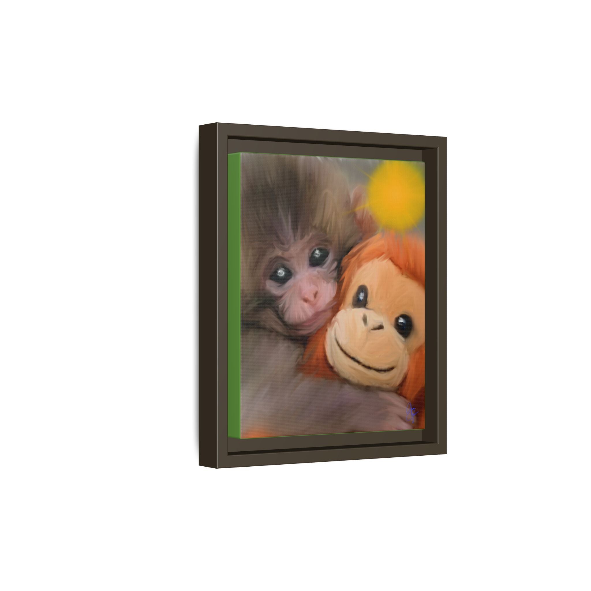 Framed Matte Canvas Print — Baby Monkey & Plush Orangutan Wall Art
