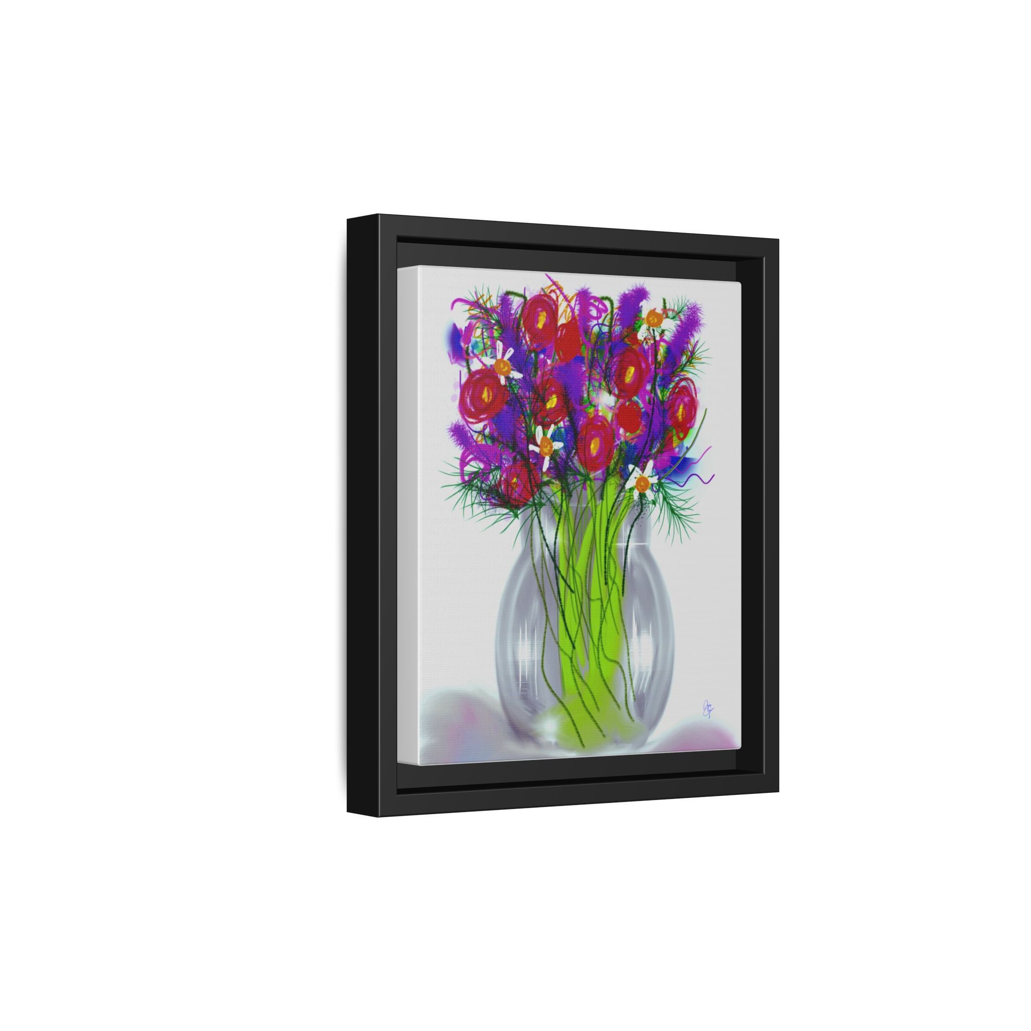 Framed Floral Bouquet Matte Canvas Wall Art — Colorful Abstract Flowers in Vase