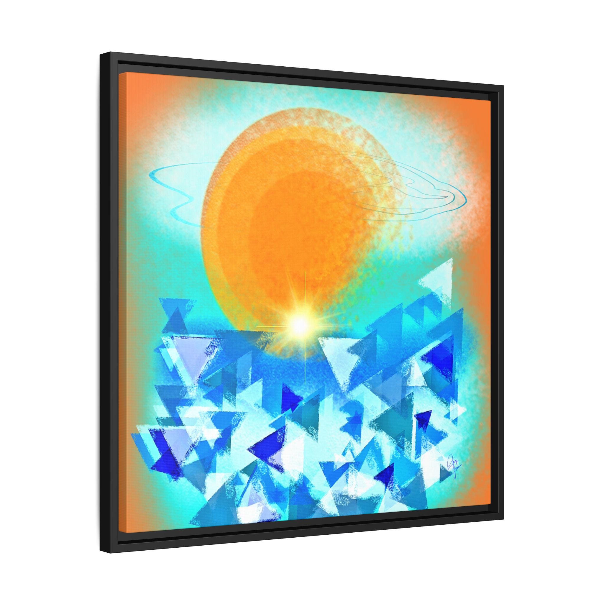 Abstract Sunrise Framed Canvas Art – Orange Sun Over Blue Geometric Waves