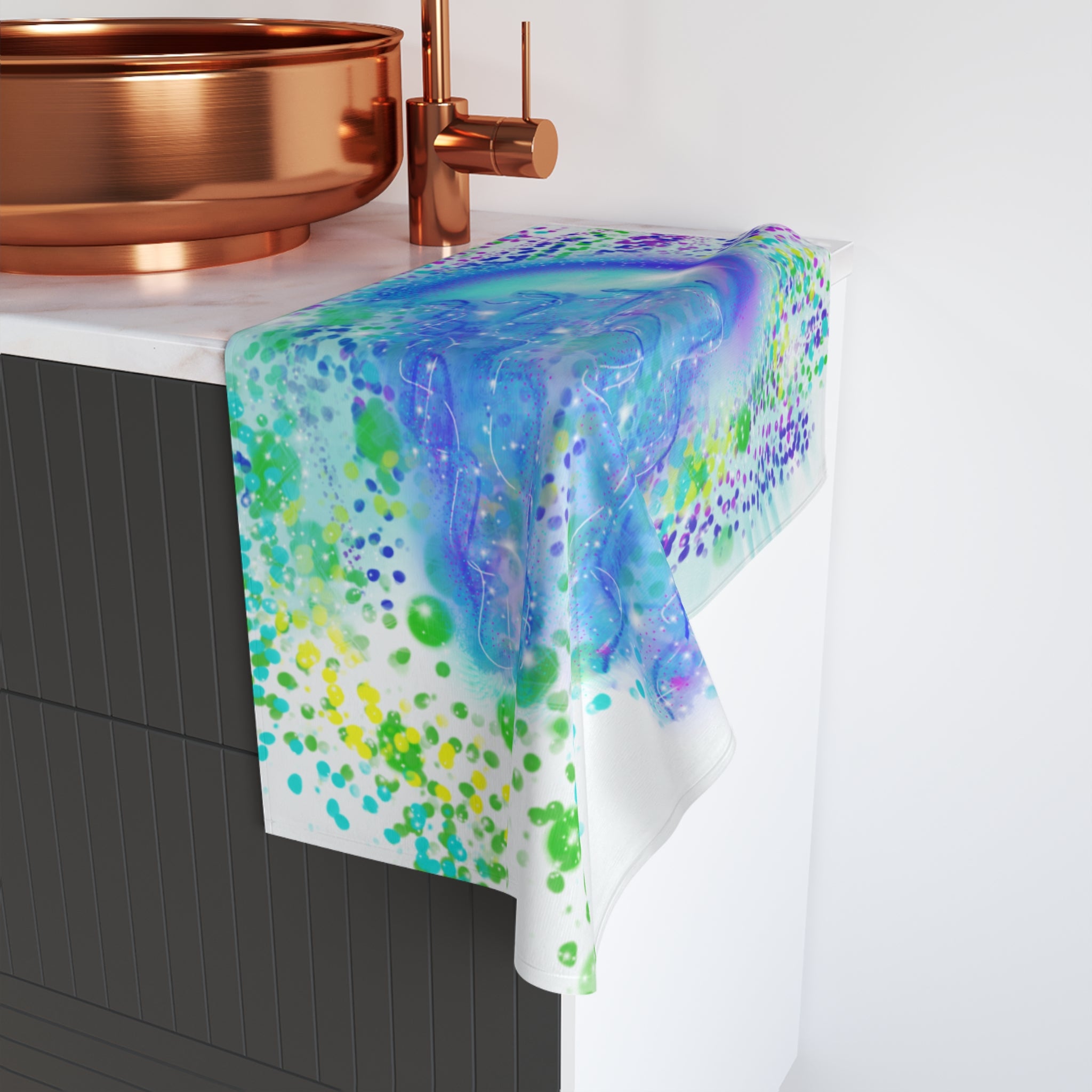 Jellyfish Splash Hand Towel — Iridescent Ocean Waves, Blue & Teal Sea Life Design