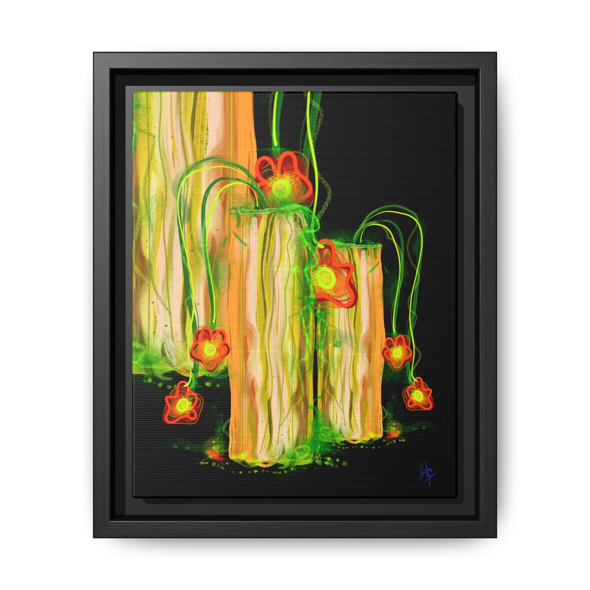 Framed Matte Canvas Print — Neon Floral Candlelight Art