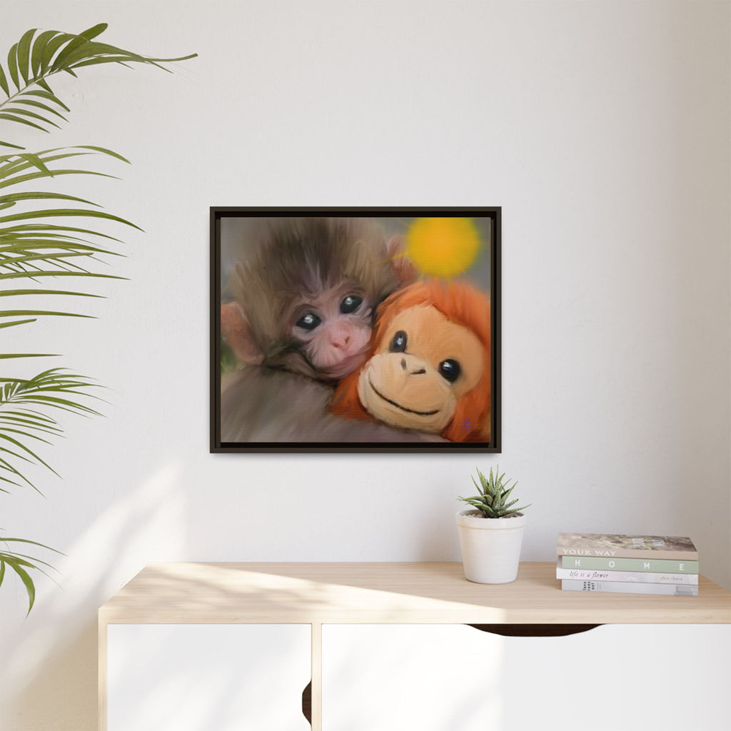 Framed Matte Canvas Print — Baby Monkey & Plush Orangutan Wall Art