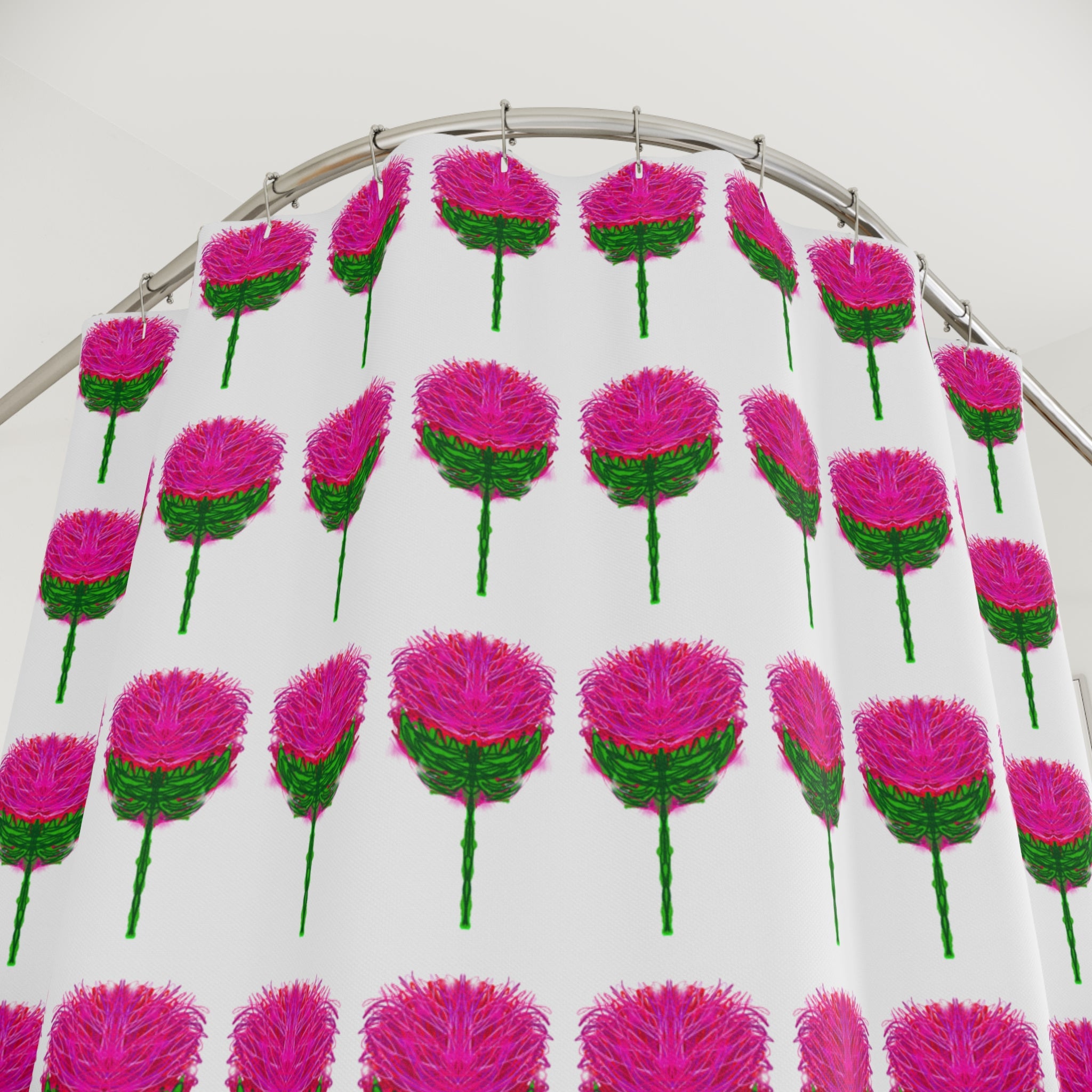 Pink Thistle Pattern Shower Curtain — Floral Botanical Bathroom Decor