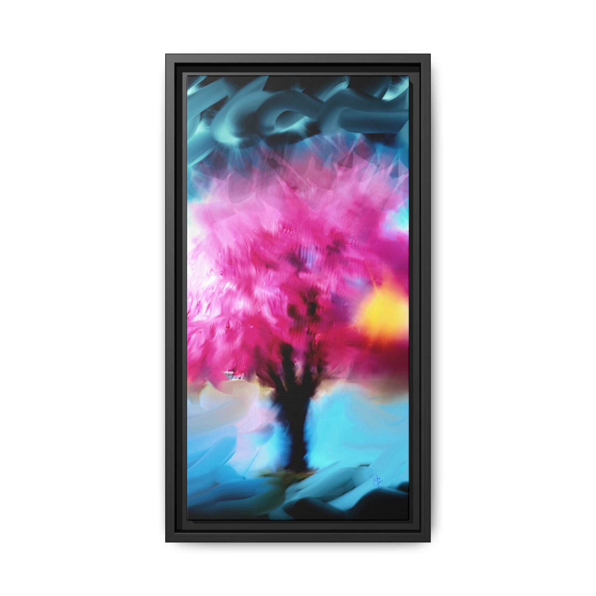 Framed Abstract Blossom Canvas — Vertical Pink & Blue Wall Art