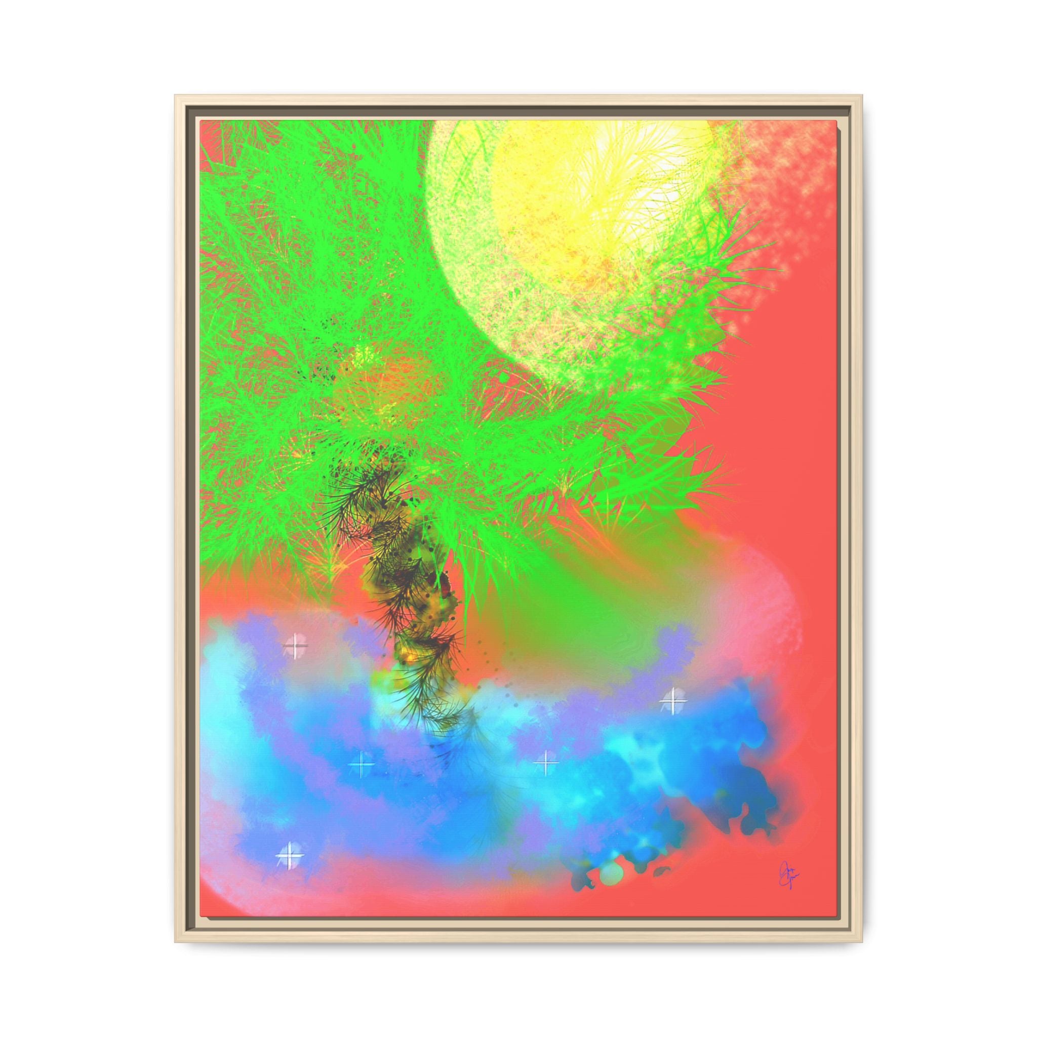 Abstract Neon Tree Matte Canvas Framed Art — Vibrant Green Moon Landscape
