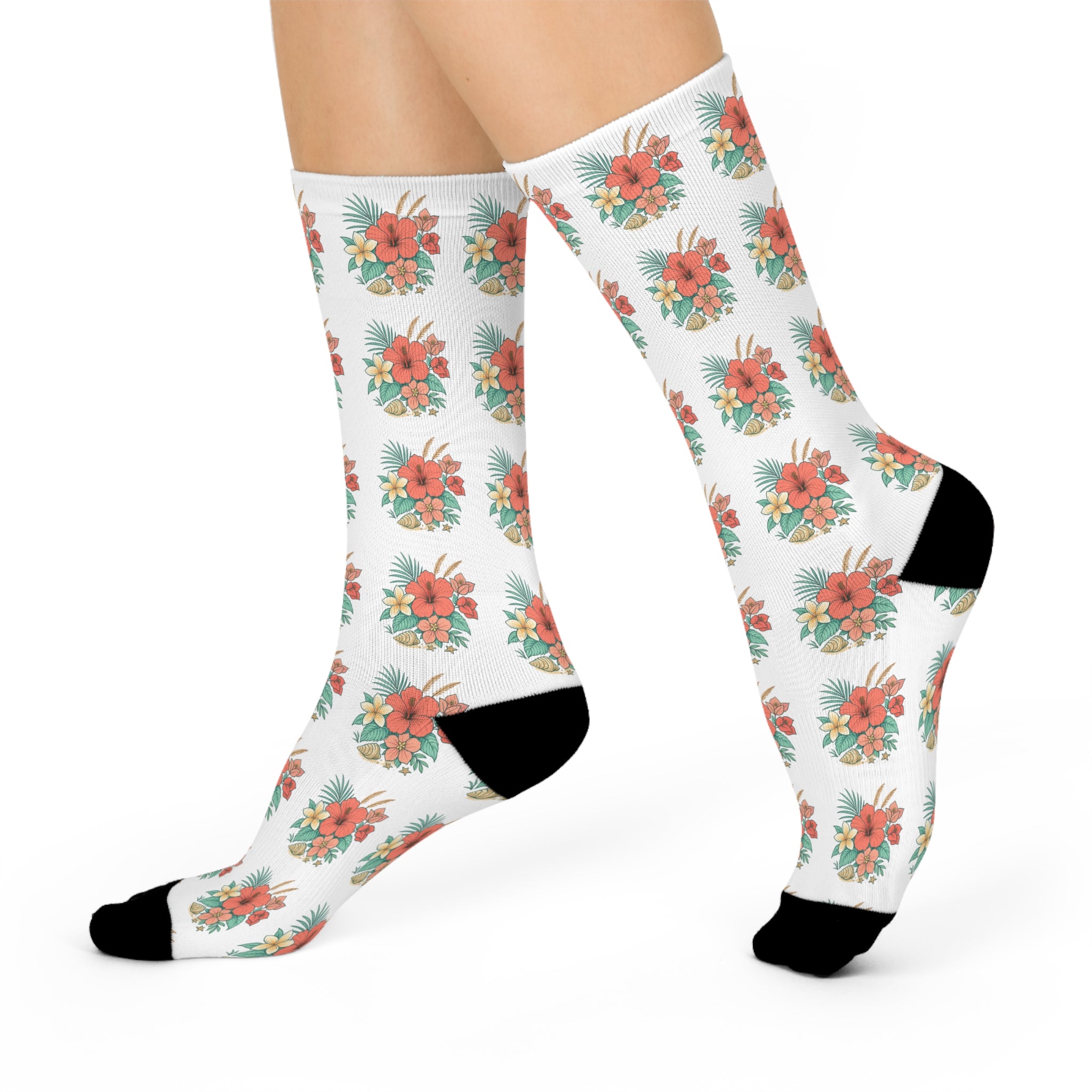 Floral Bouquet Crew Socks – Coral Hibiscus Pattern Cushioned Socks