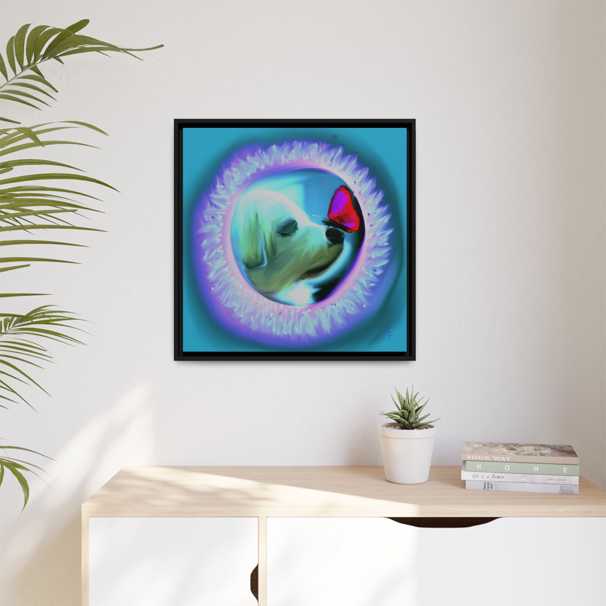 Framed Matte Canvas - Puppy with Butterfly Pop Art