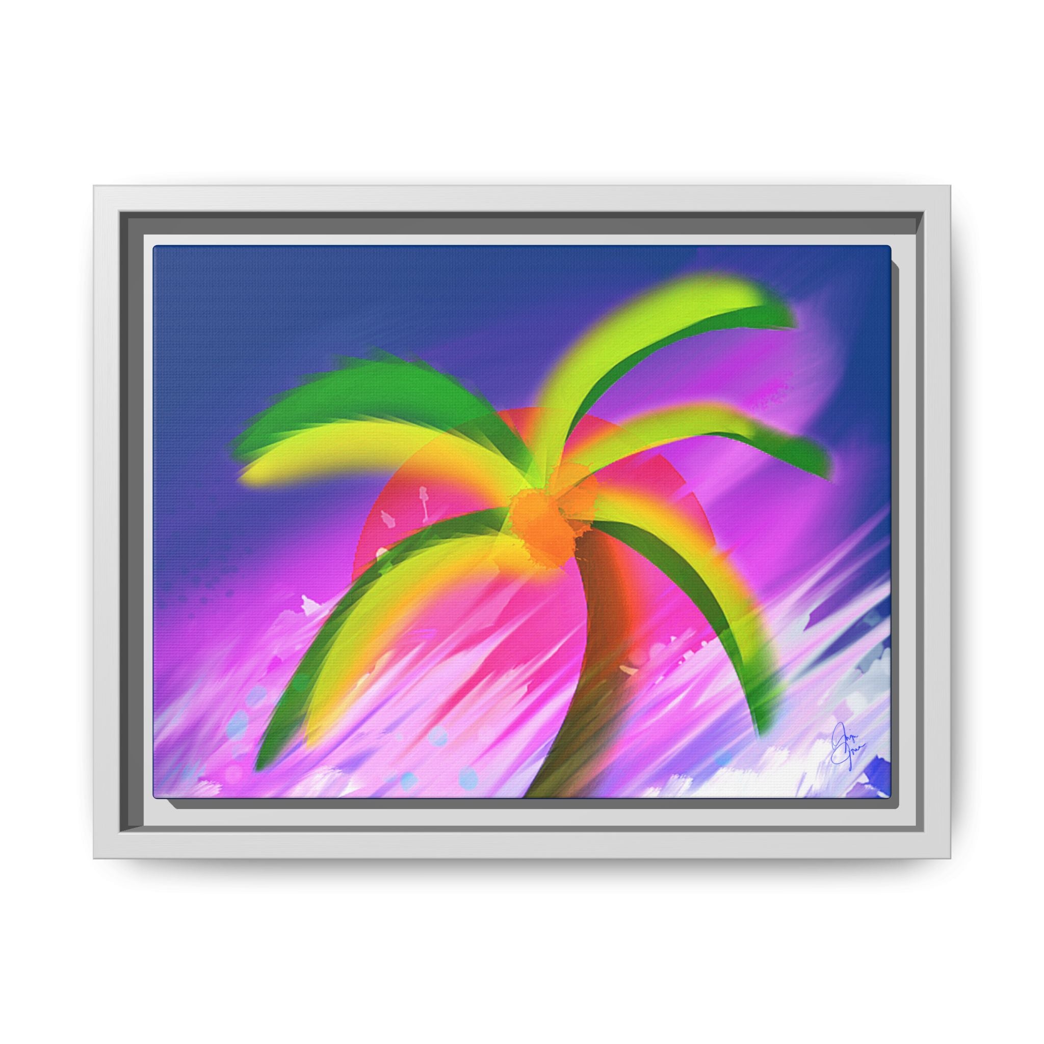 Framed Matte Canvas Print — Neon Palm Beach Art