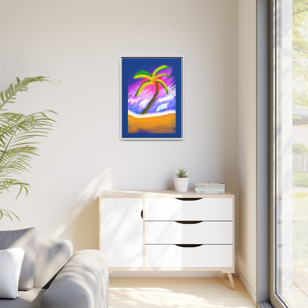 Framed Matte Canvas Print — Neon Palm Beach Art
