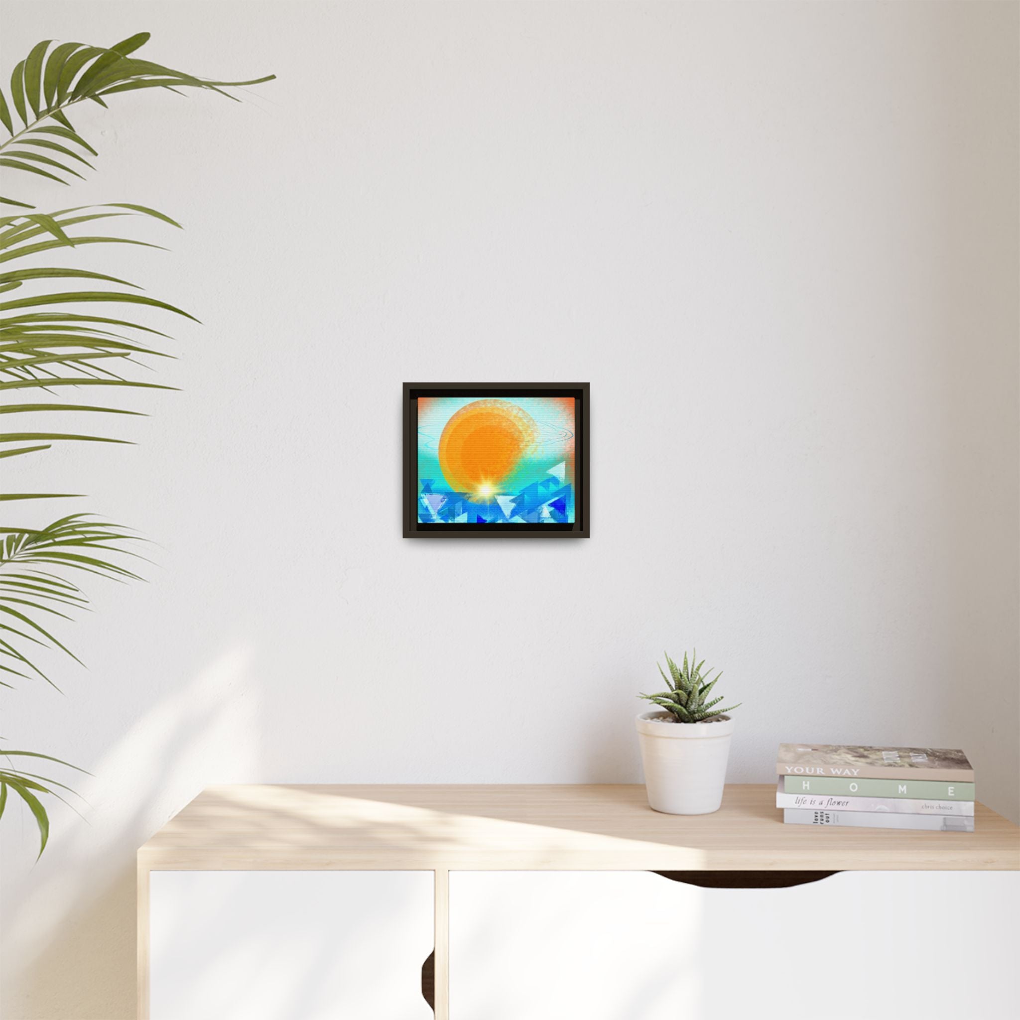 Abstract Sunrise Framed Canvas Art – Orange Sun Over Blue Geometric Waves