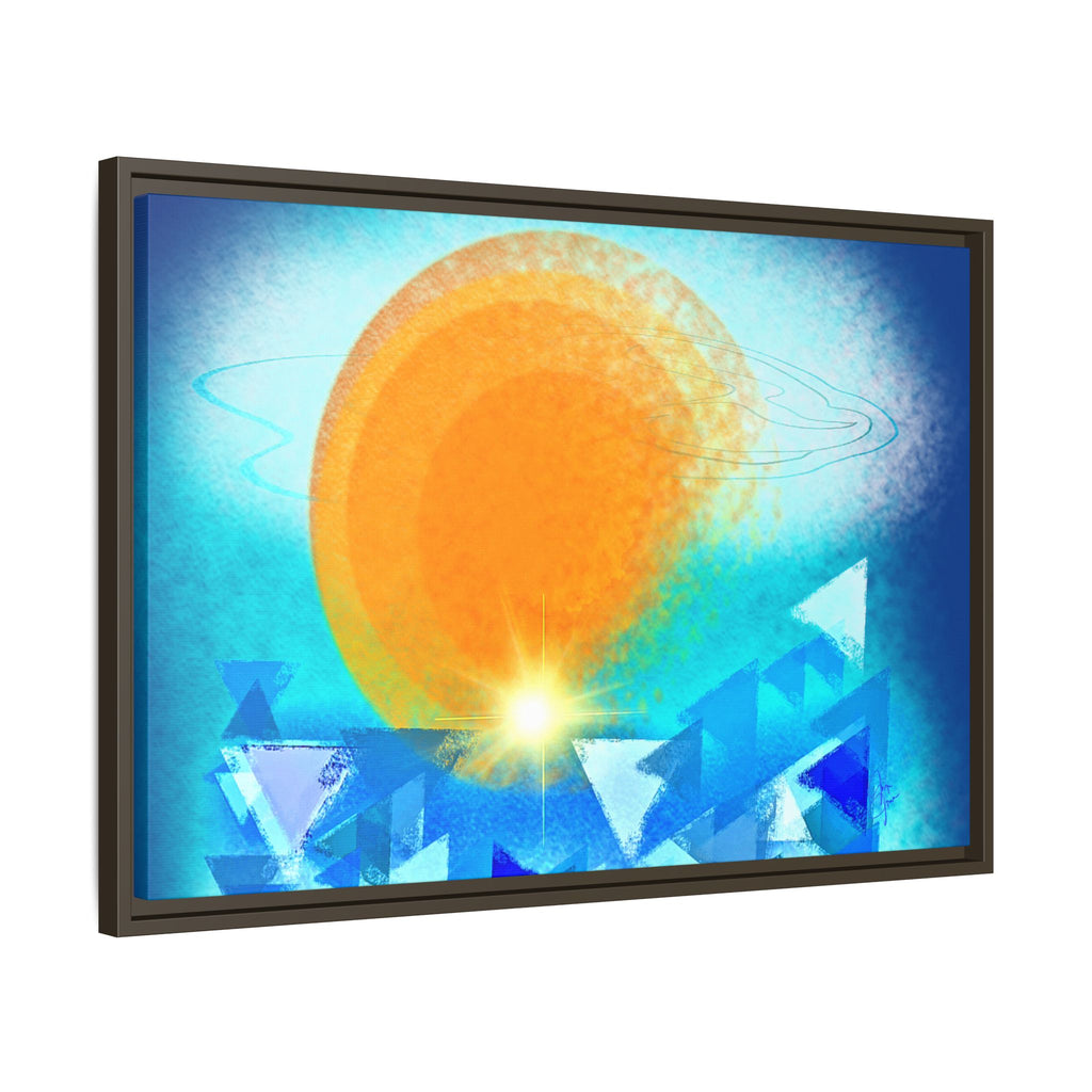 Abstract Sunrise Framed Canvas Art – Orange Sun Over Blue Geometric Waves