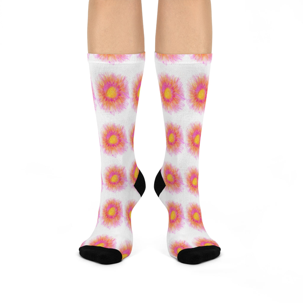 Floral Burst Cushioned Crew Socks – Pink & Yellow Tie-Dye Sunflowers