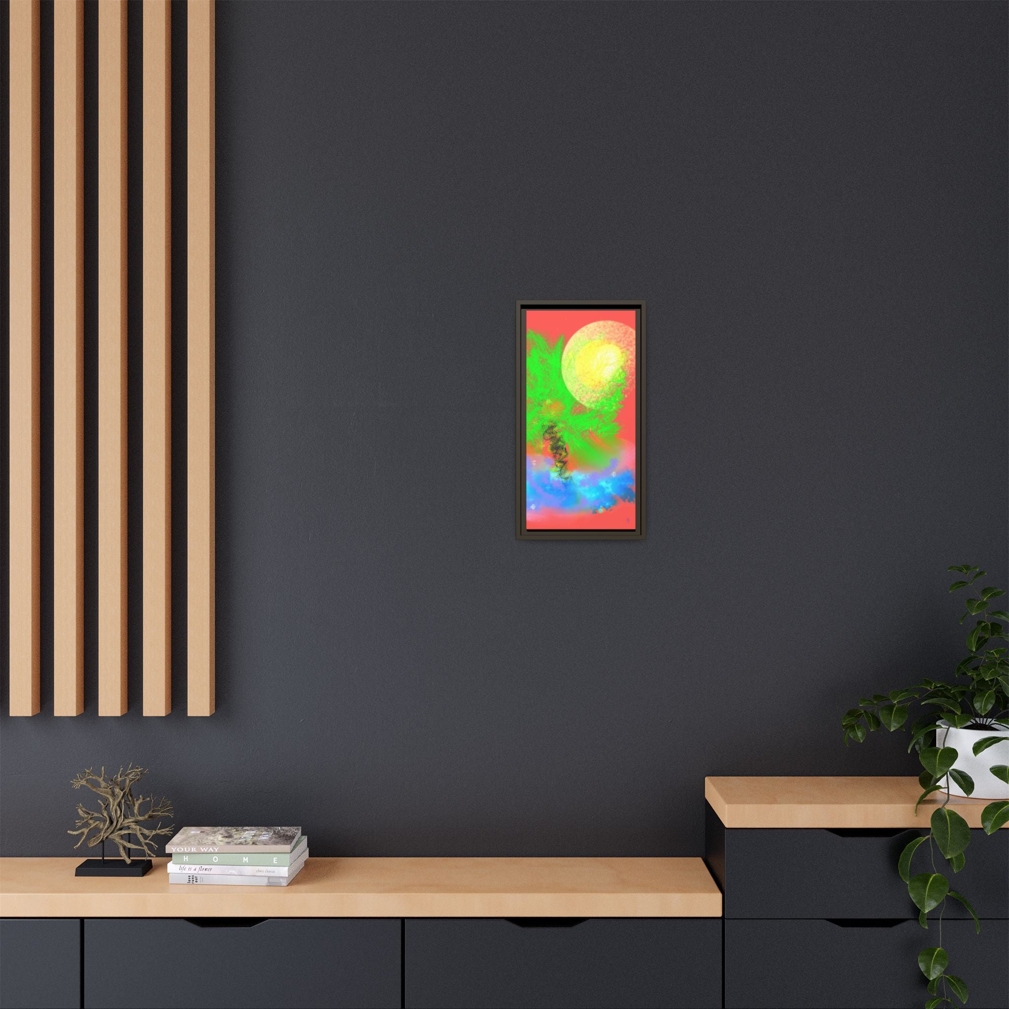 Abstract Neon Tree Matte Canvas Framed Art — Vibrant Green Moon Landscape