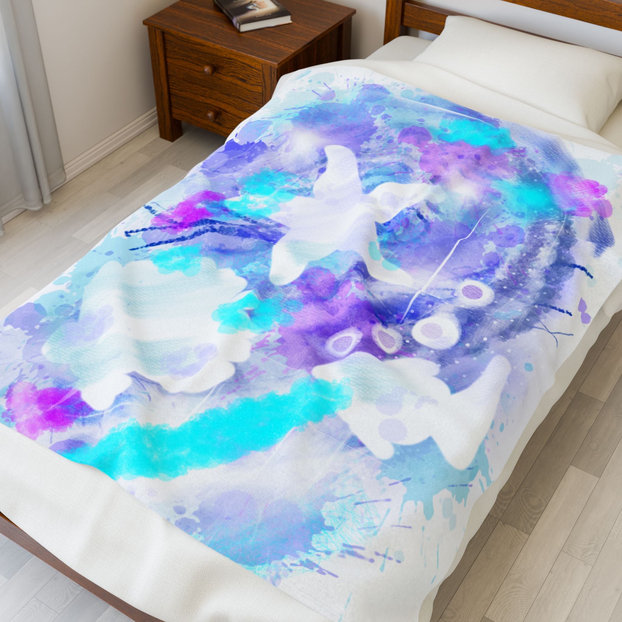 Velveteen Plush Blanket — Dreamy Watercolor Seahorse Throw, Soft Aqua & Lavender Ocean-Themed Blanket