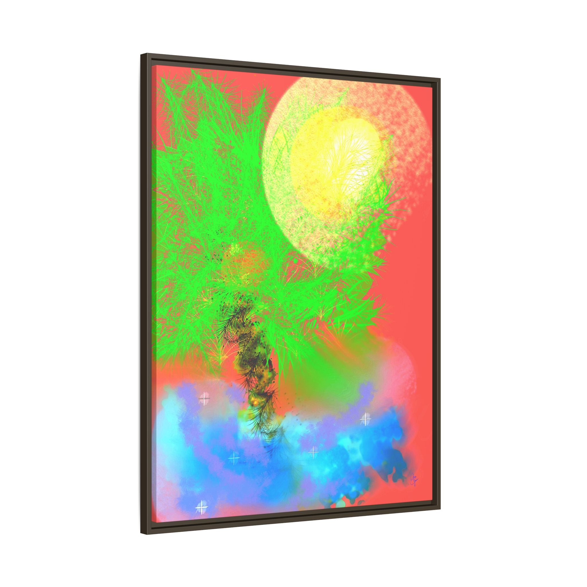 Abstract Neon Tree Matte Canvas Framed Art — Vibrant Green Moon Landscape