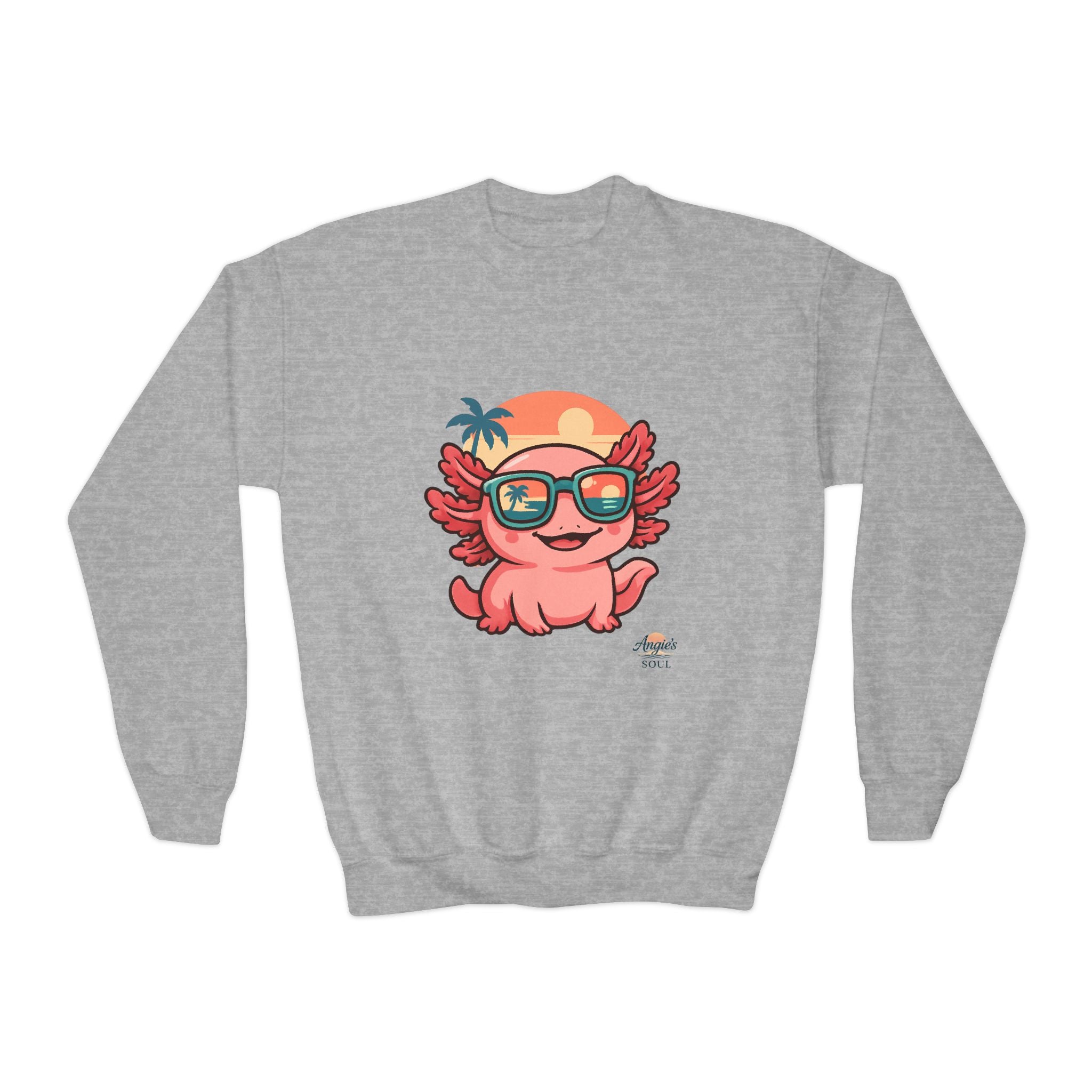 Axolotl Crewneck Sweatshirt — Cute Pink Axolotl with Sunglasses & Sunset