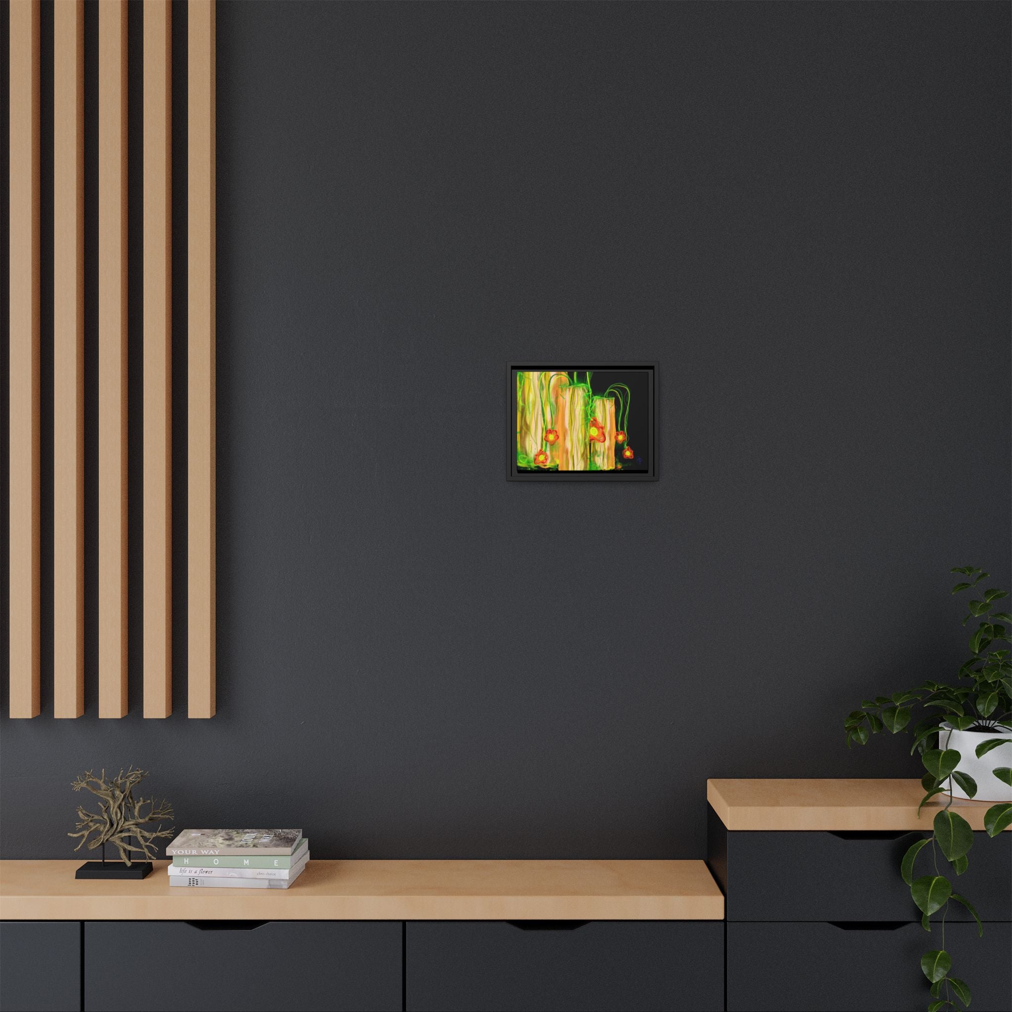 Framed Matte Canvas Print — Neon Floral Candlelight Art