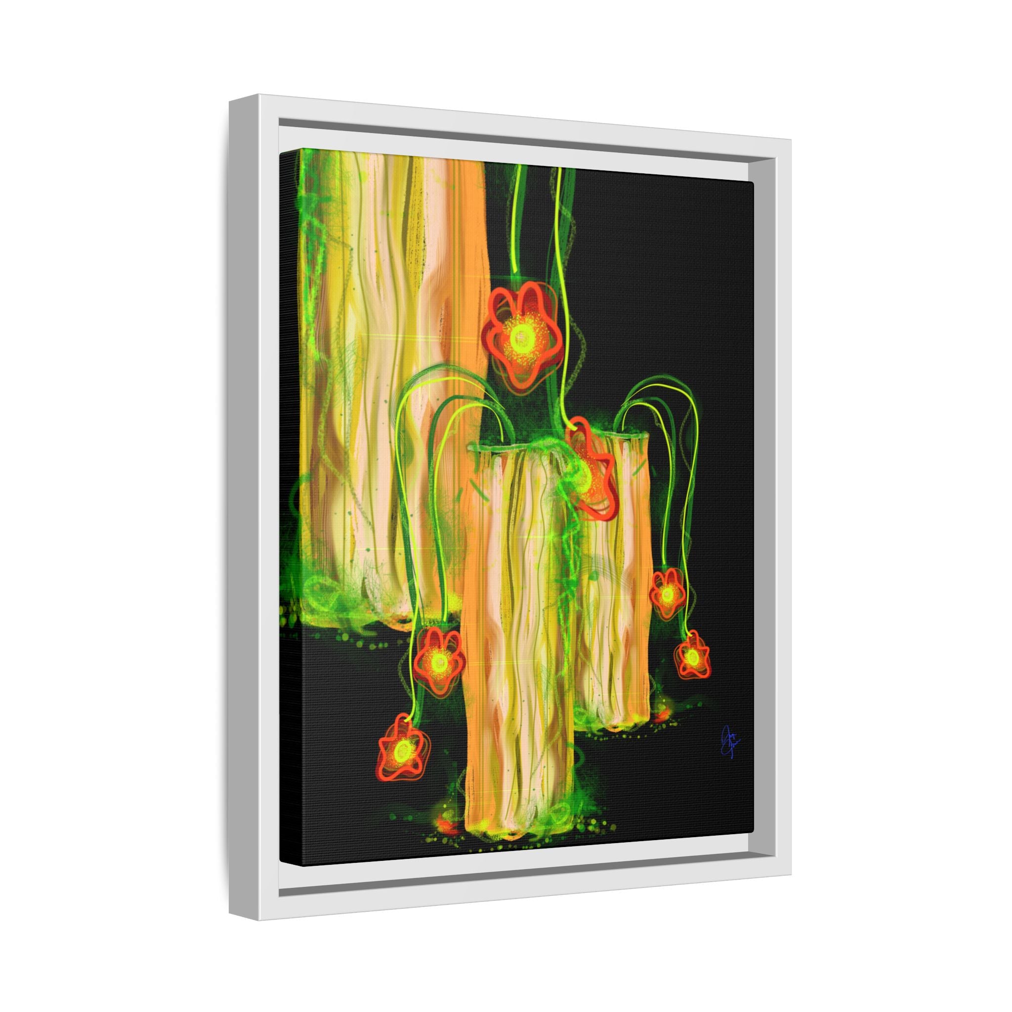 Framed Matte Canvas Print — Neon Floral Candlelight Art