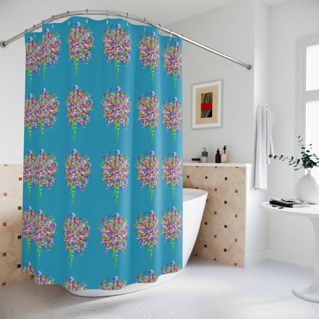 Floral Burst Shower Curtain — Bright Blue Colorful Bouquet Pattern
