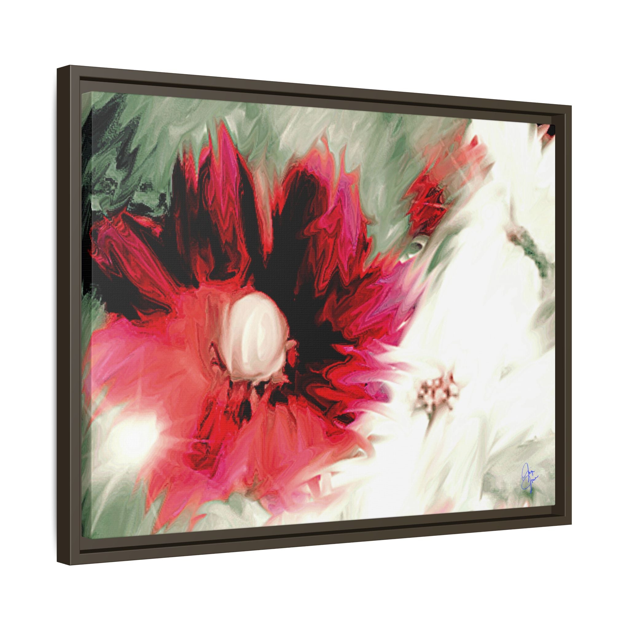 Framed Matte Canvas Print — Blurred Red & White Floral Art