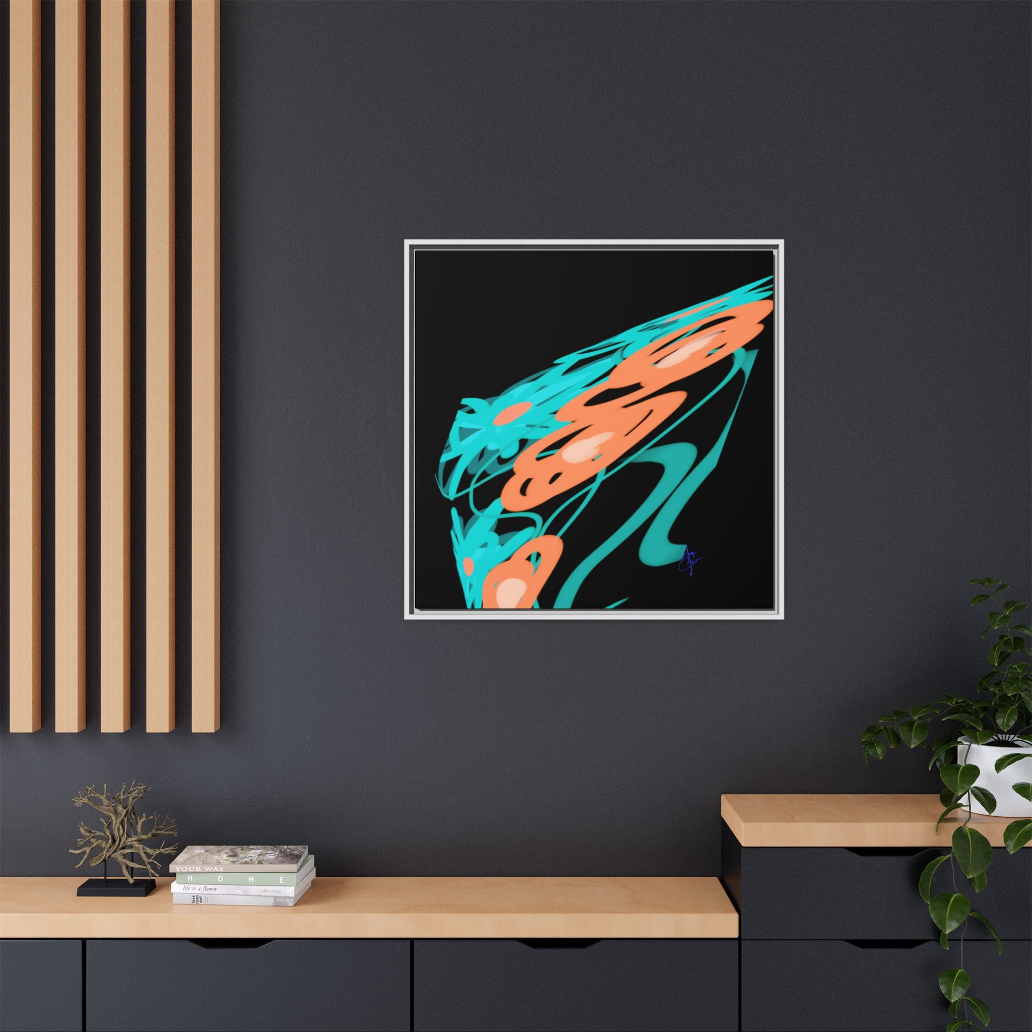 Abstract Teal & Coral Splash Framed Canvas