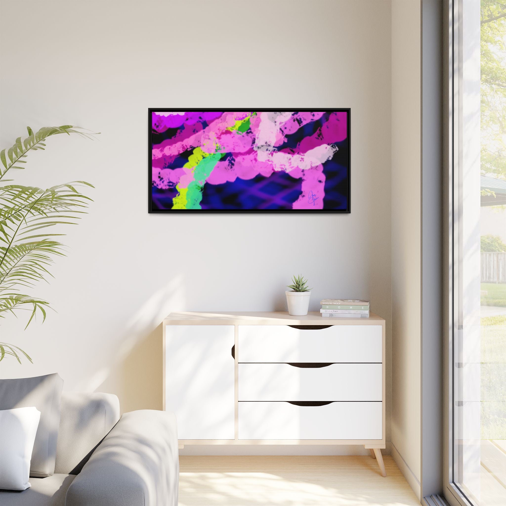 Framed Matte Canvas - Neon Rose Abstract Wall Art