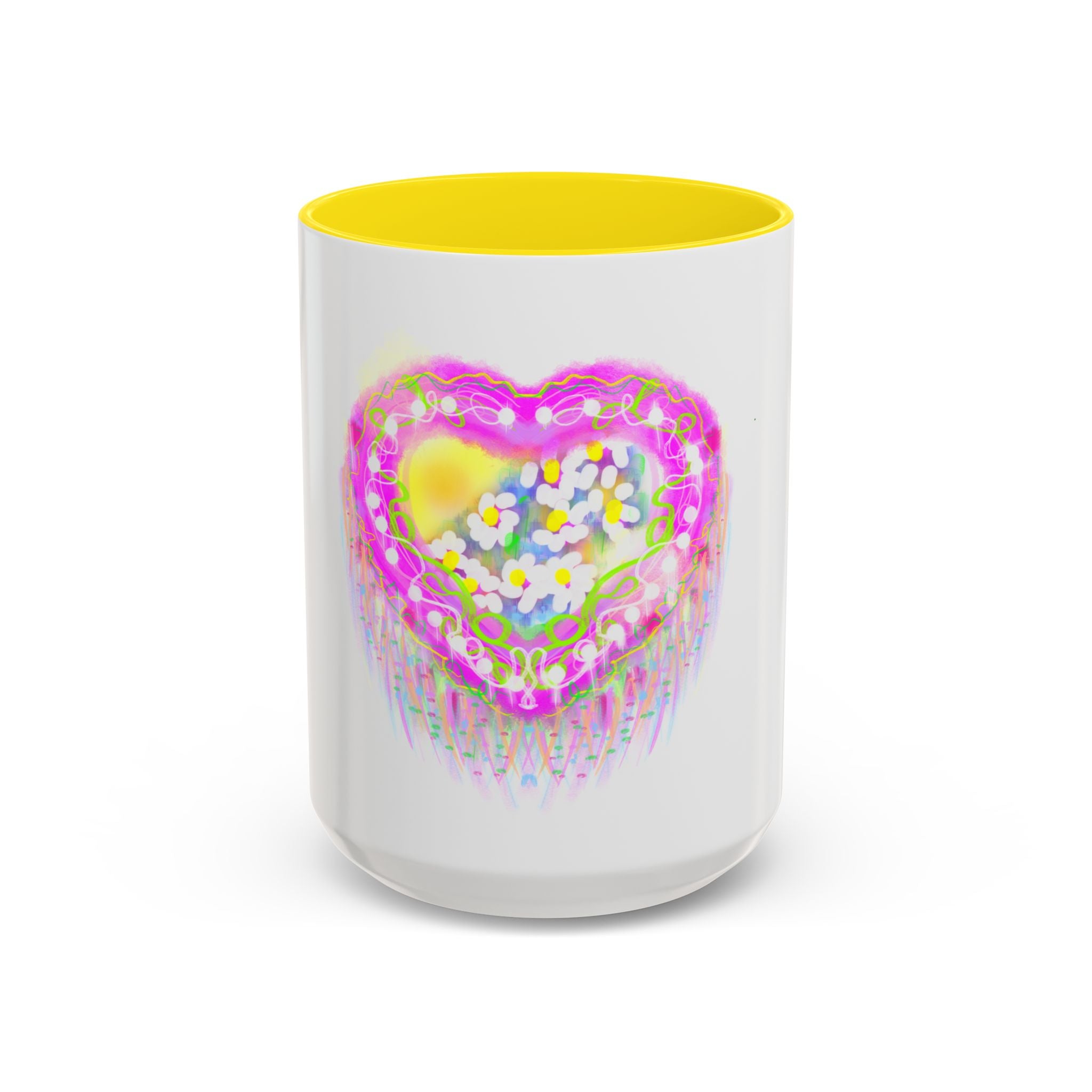 Pink Heart Floral Coffee Mug — Cute Pastel Accent Mug with Daisy Heart Design