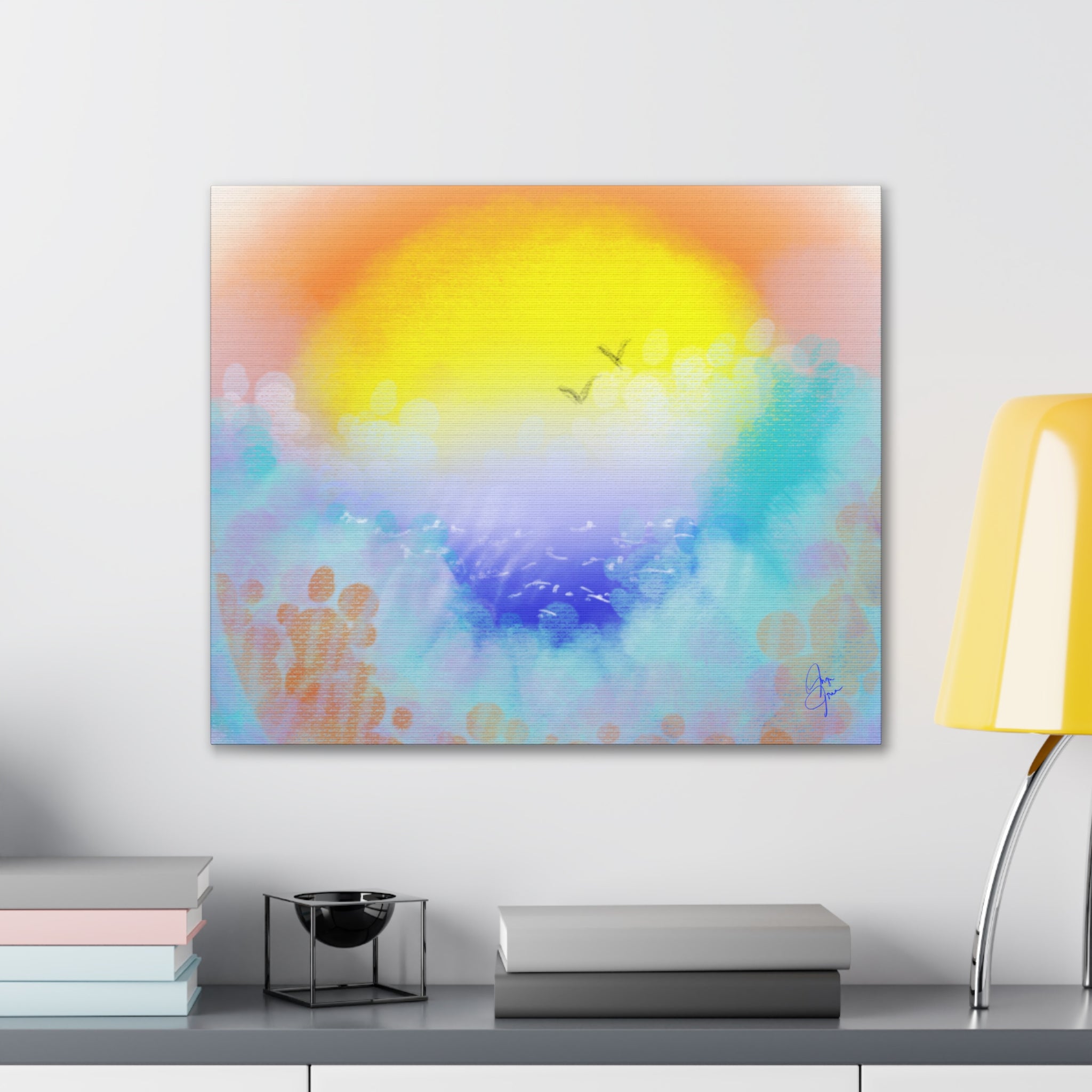 Sunrise Seascape Canvas Wall Art – Pastel Ocean Waves with Birds