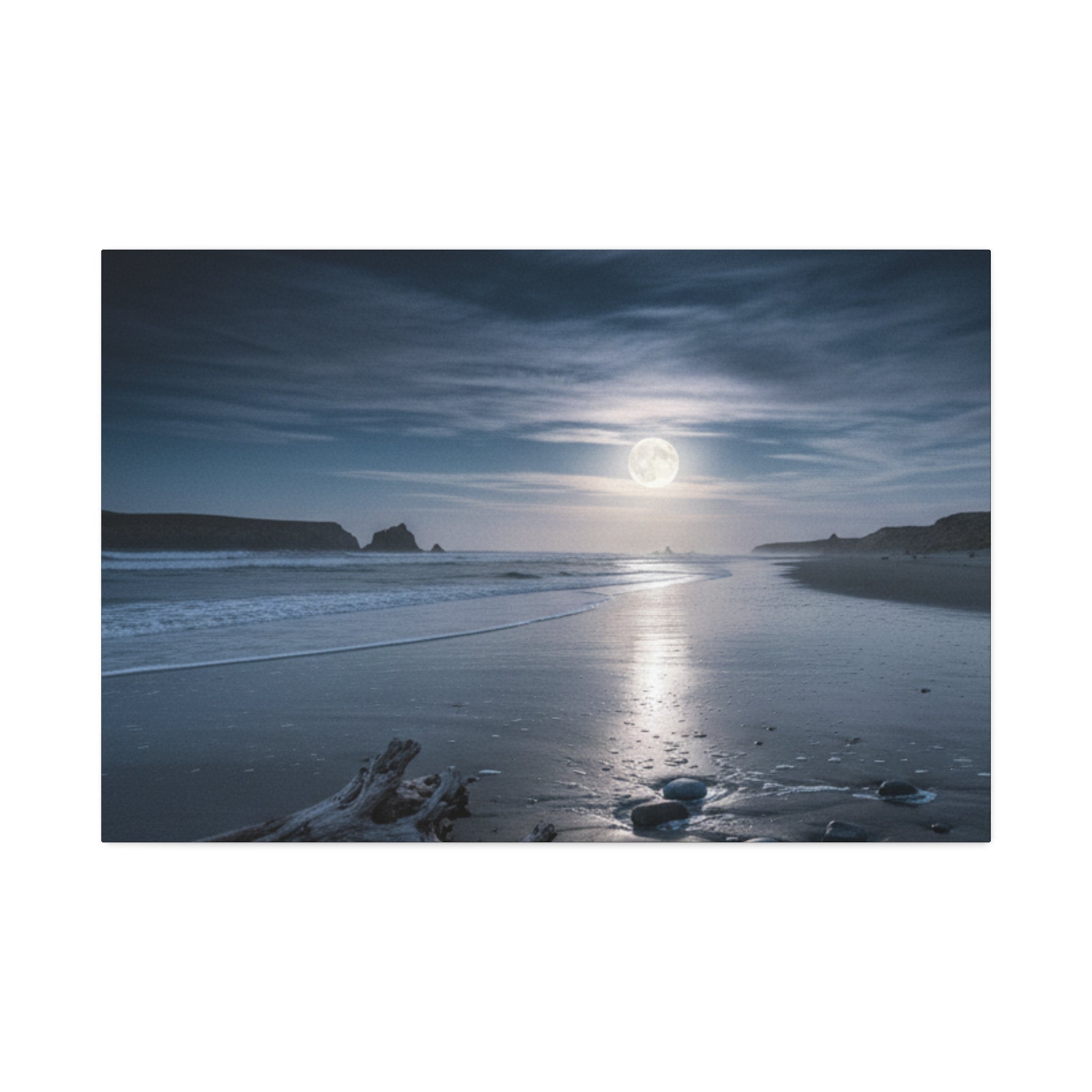 Moonlit Beach Canvas Wall Art — Tranquil Ocean Nightscape