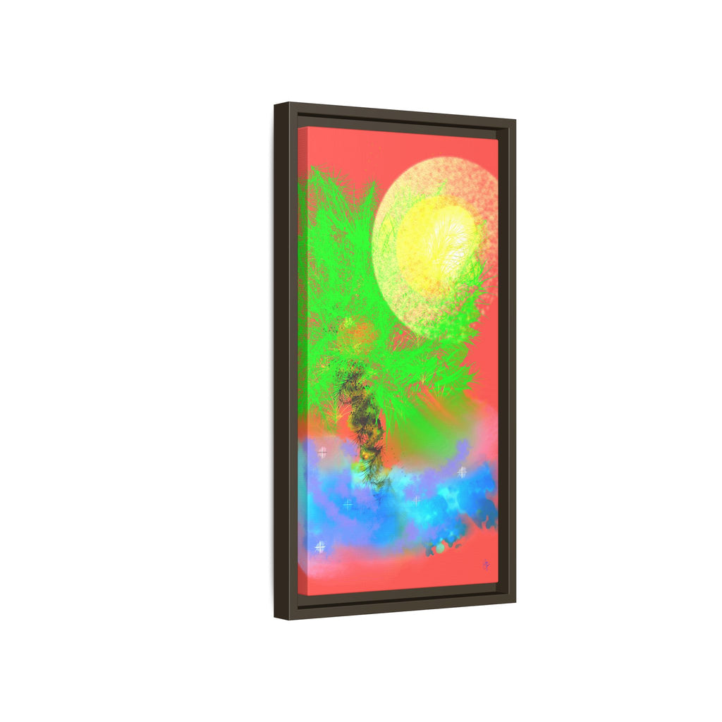 Abstract Neon Tree Matte Canvas Framed Art — Vibrant Green Moon Landscape