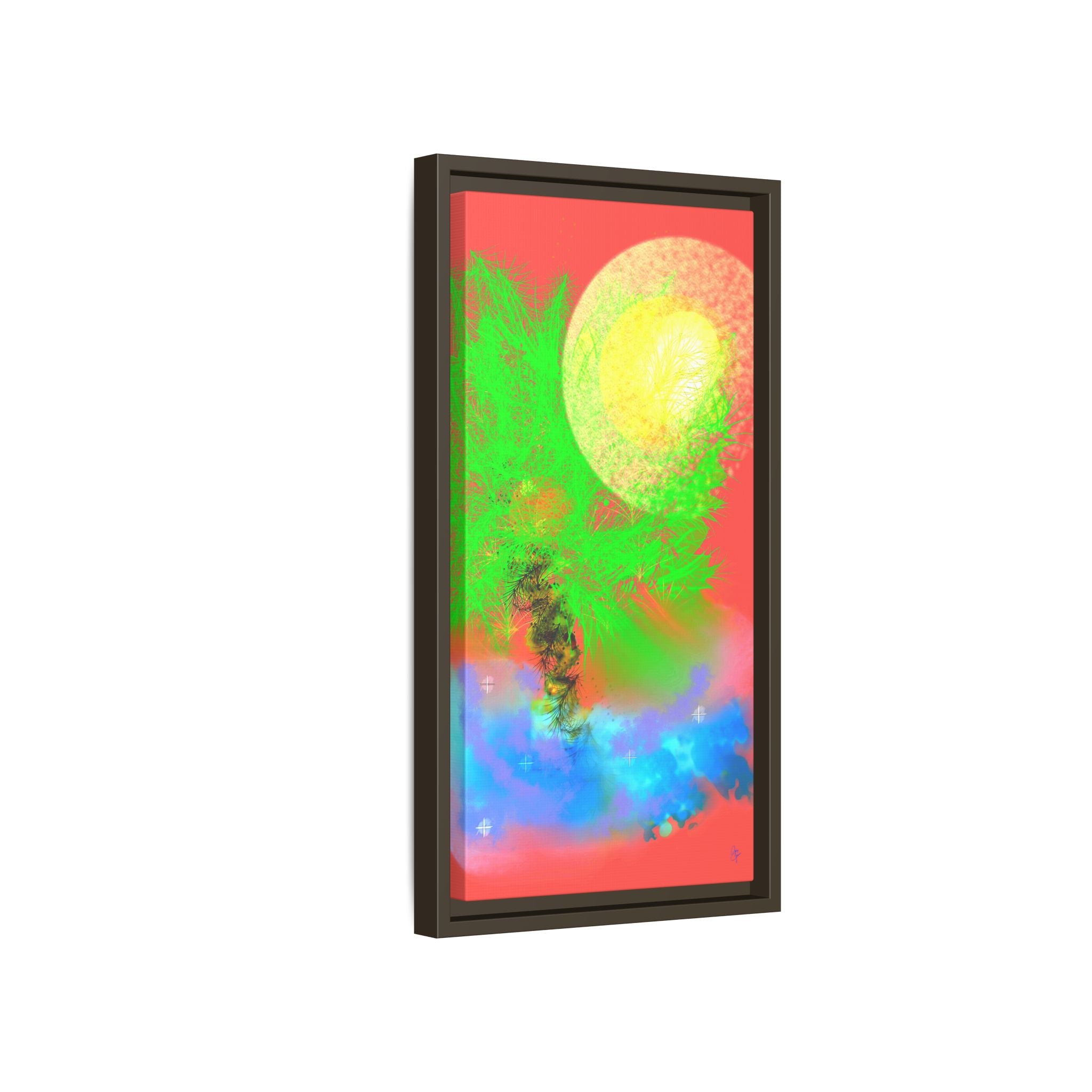Abstract Neon Tree Matte Canvas Framed Art — Vibrant Green Moon Landscape