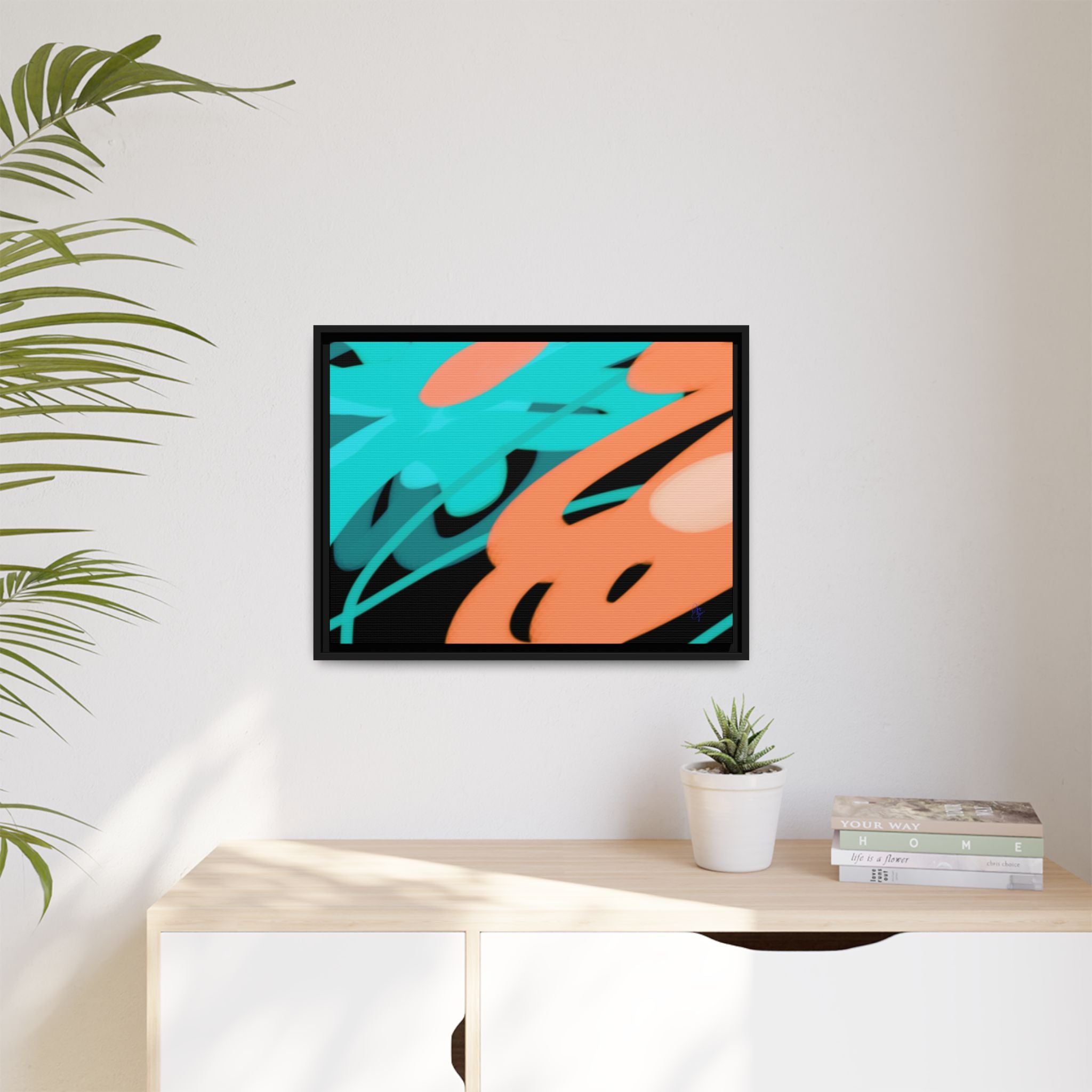 Abstract Teal & Coral Splash Framed Canvas