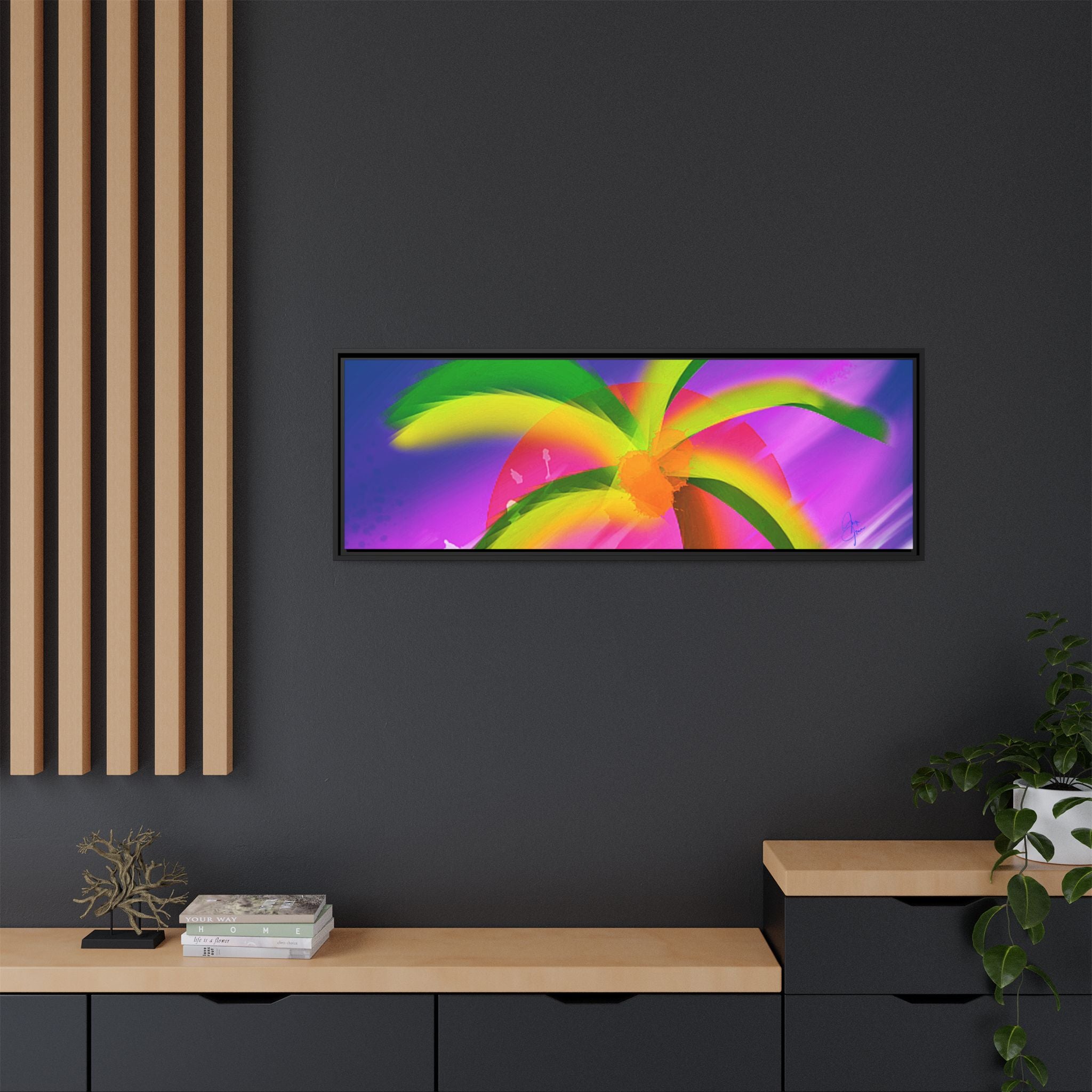 Framed Matte Canvas Print — Neon Palm Beach Art