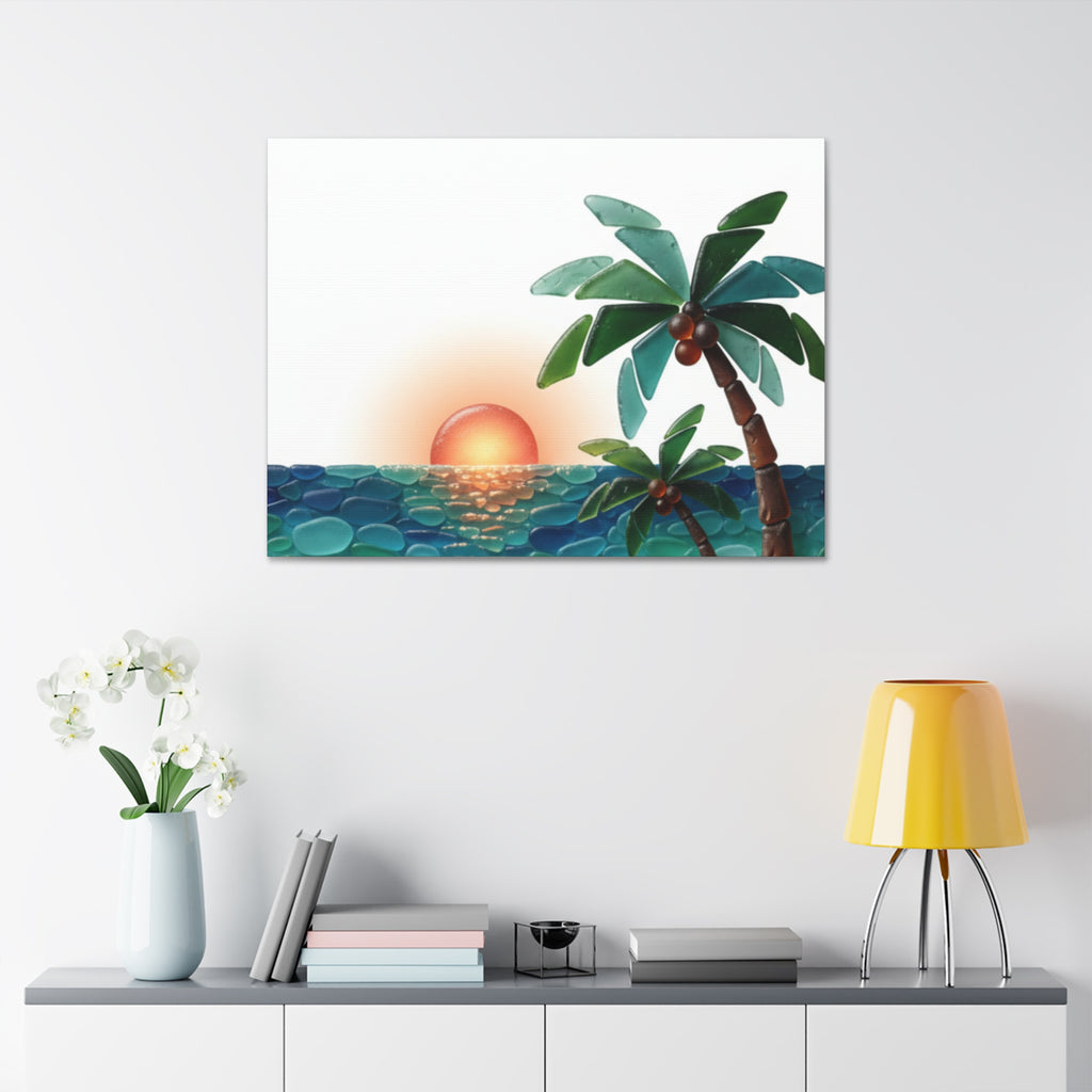 Tropical Sunset Canvas Wall Art — Palm Tree Beach Seascape Stretched Canvas