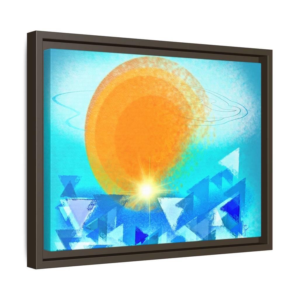 Abstract Sunrise Framed Canvas Art – Orange Sun Over Blue Geometric Waves